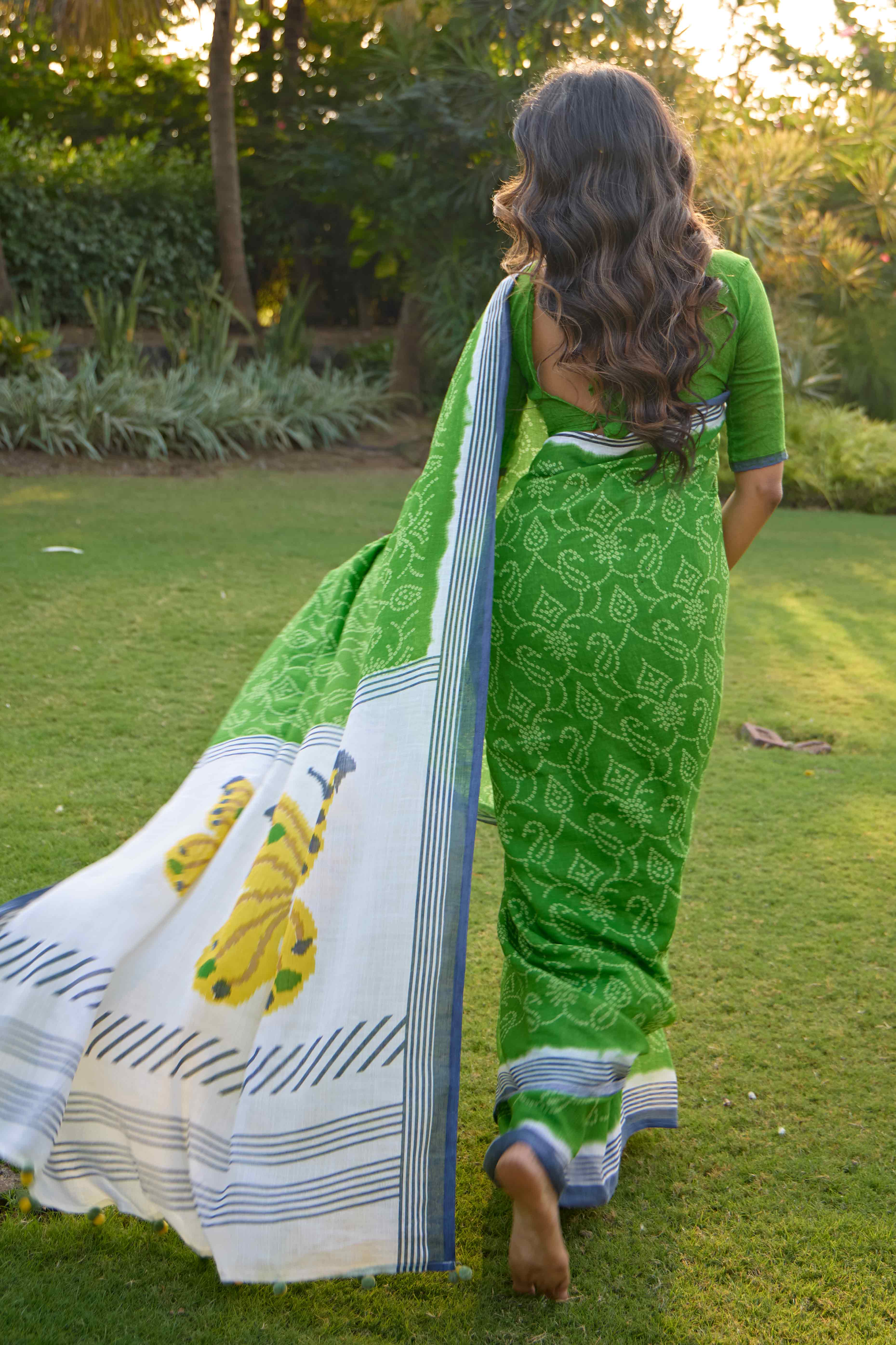Forest Green Bandhani Printed Linen Saree