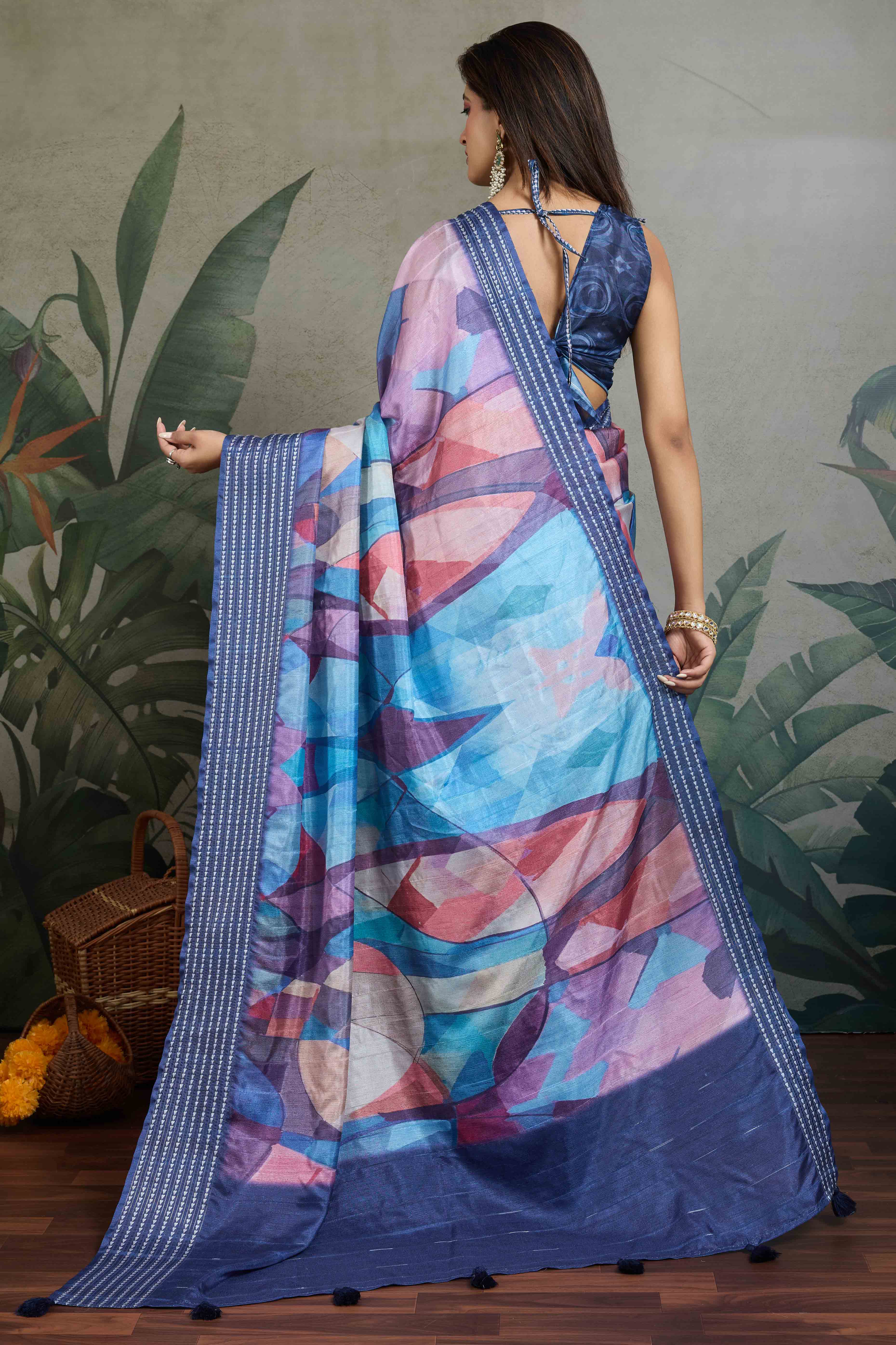 Blue Silk Blend Saree with Geometric Print