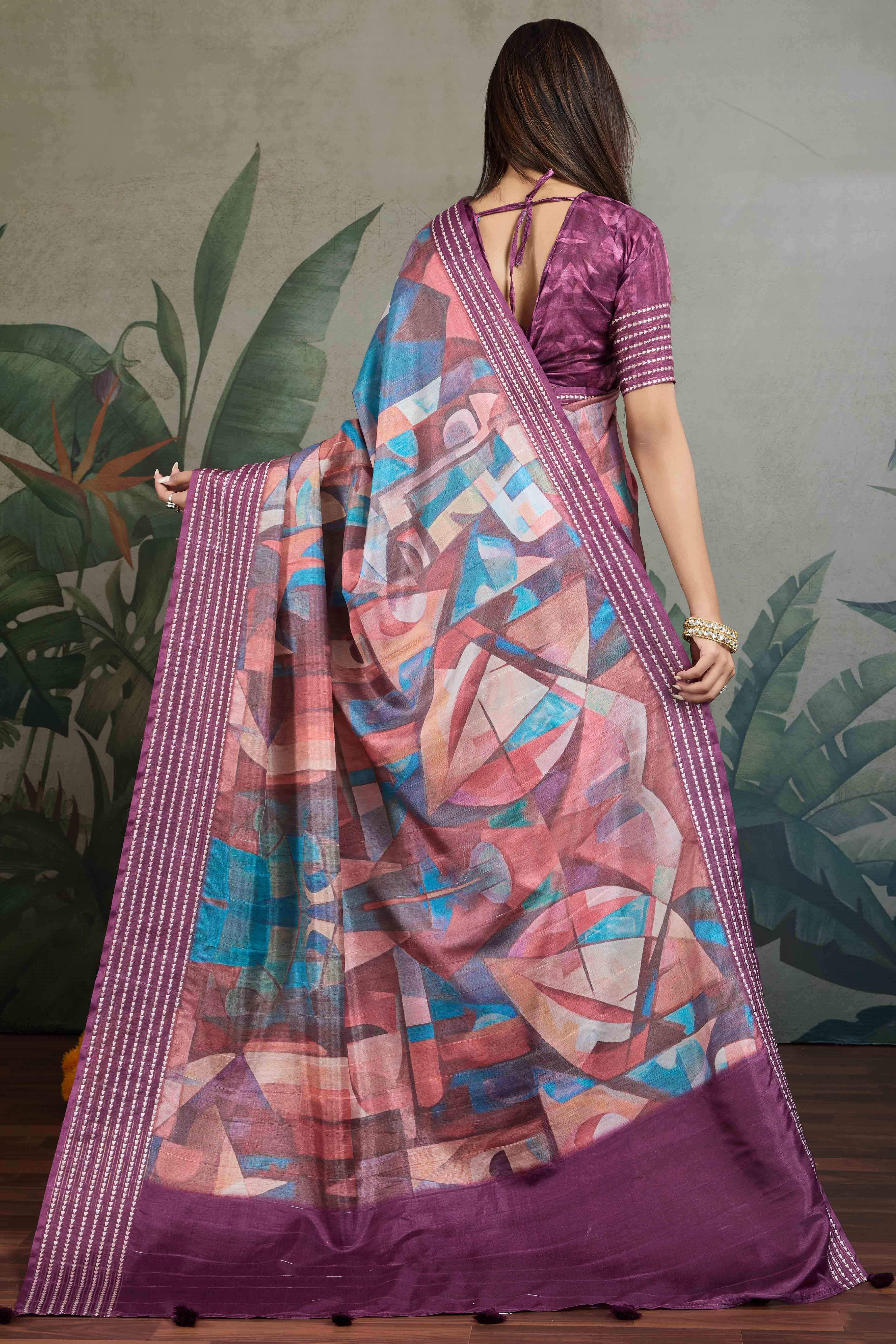 Purple Silk Blend Saree with Geometric Print