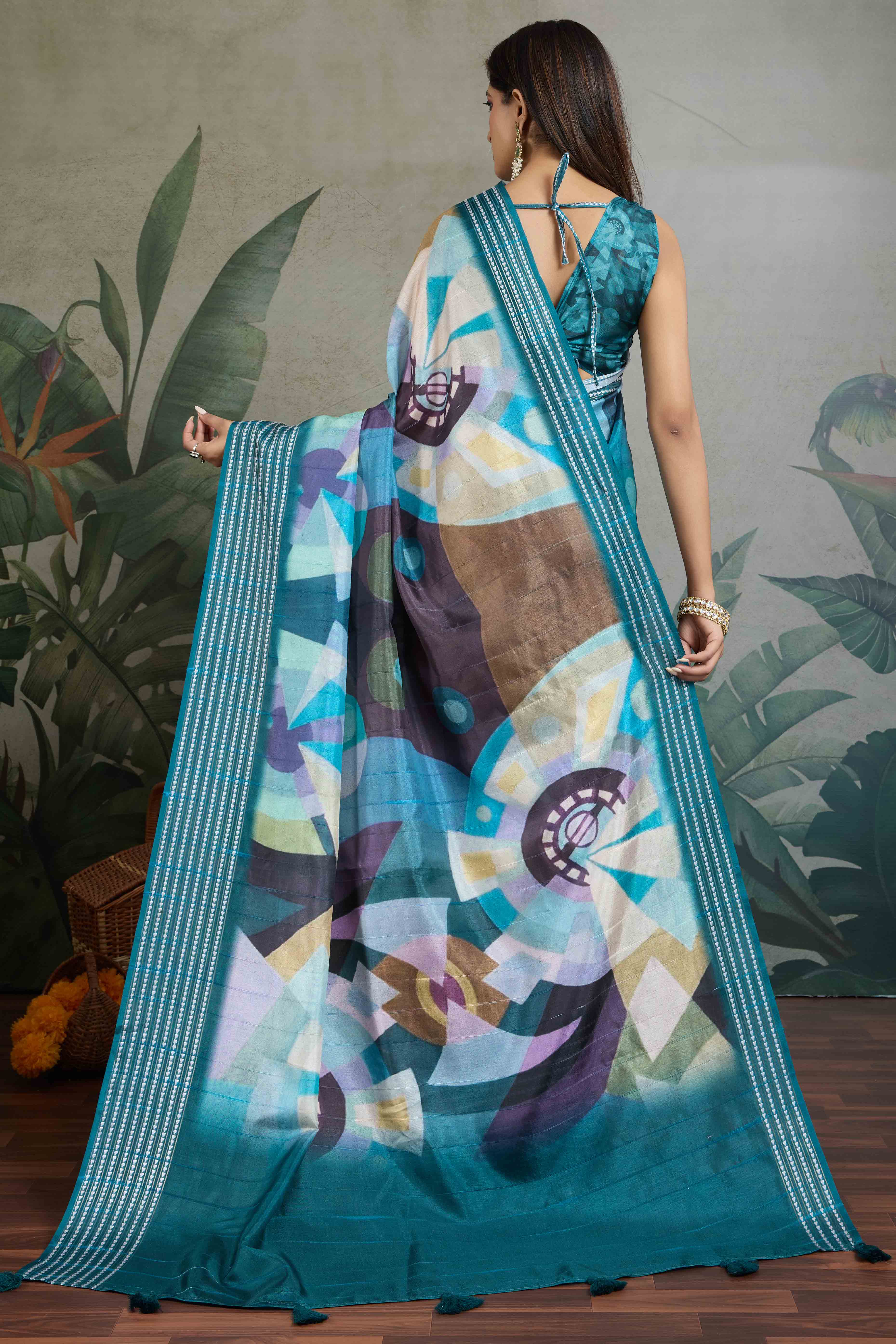 Teal Silk Blend Saree with Geometric Print
