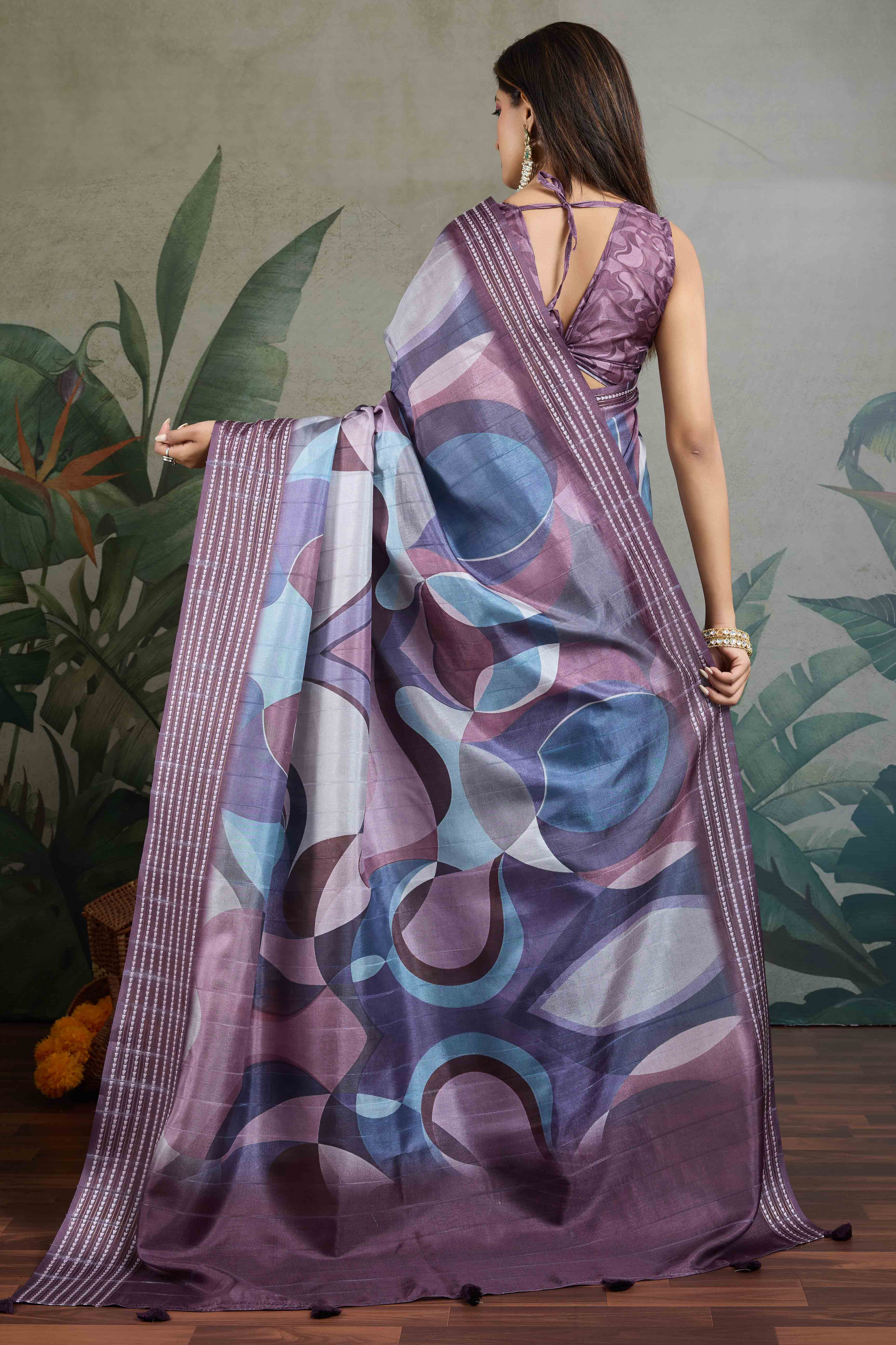 Wine Silk Blend Saree with Geometric Print