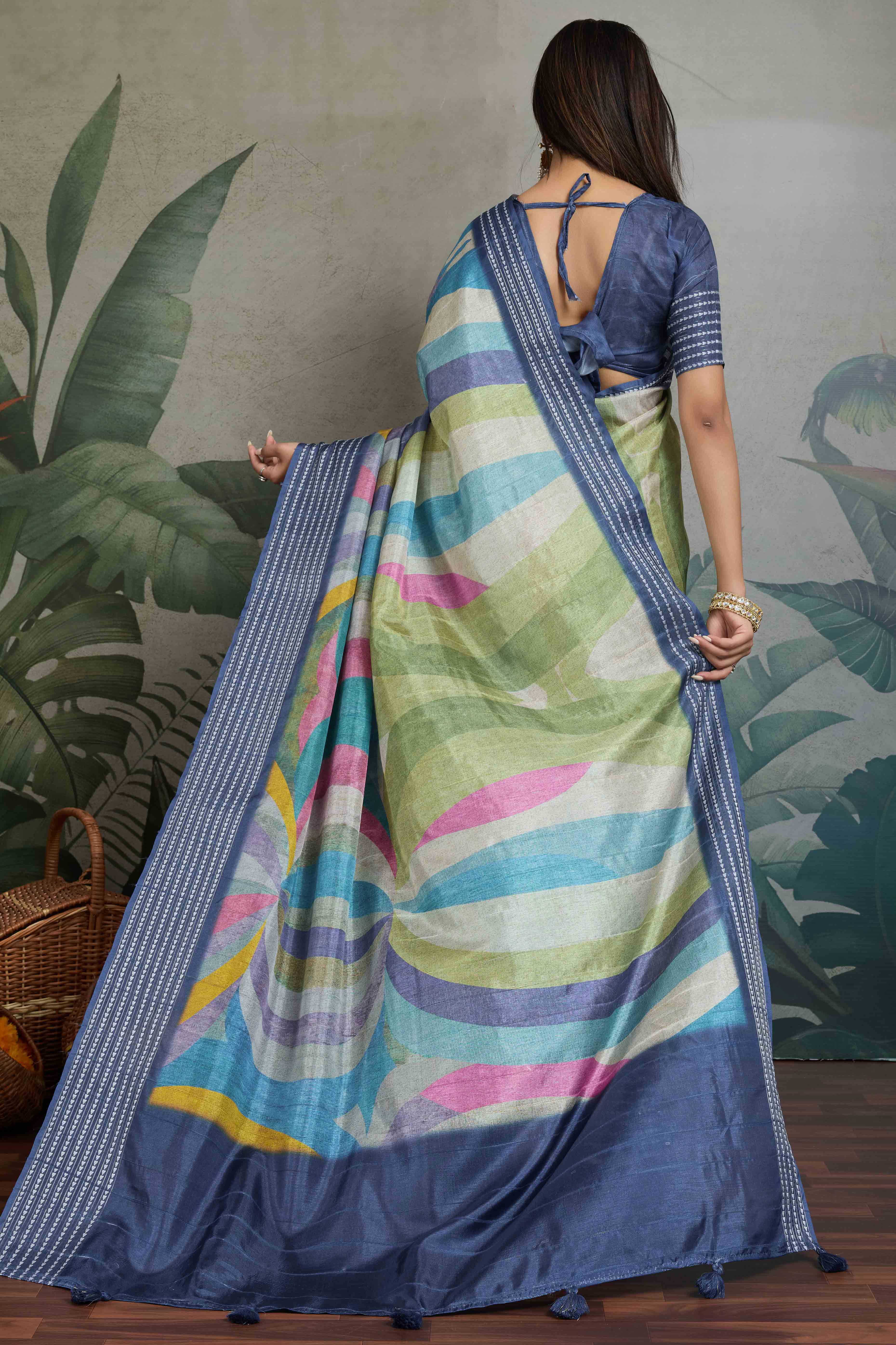 Blue Silk Blend Saree with Geometric Print