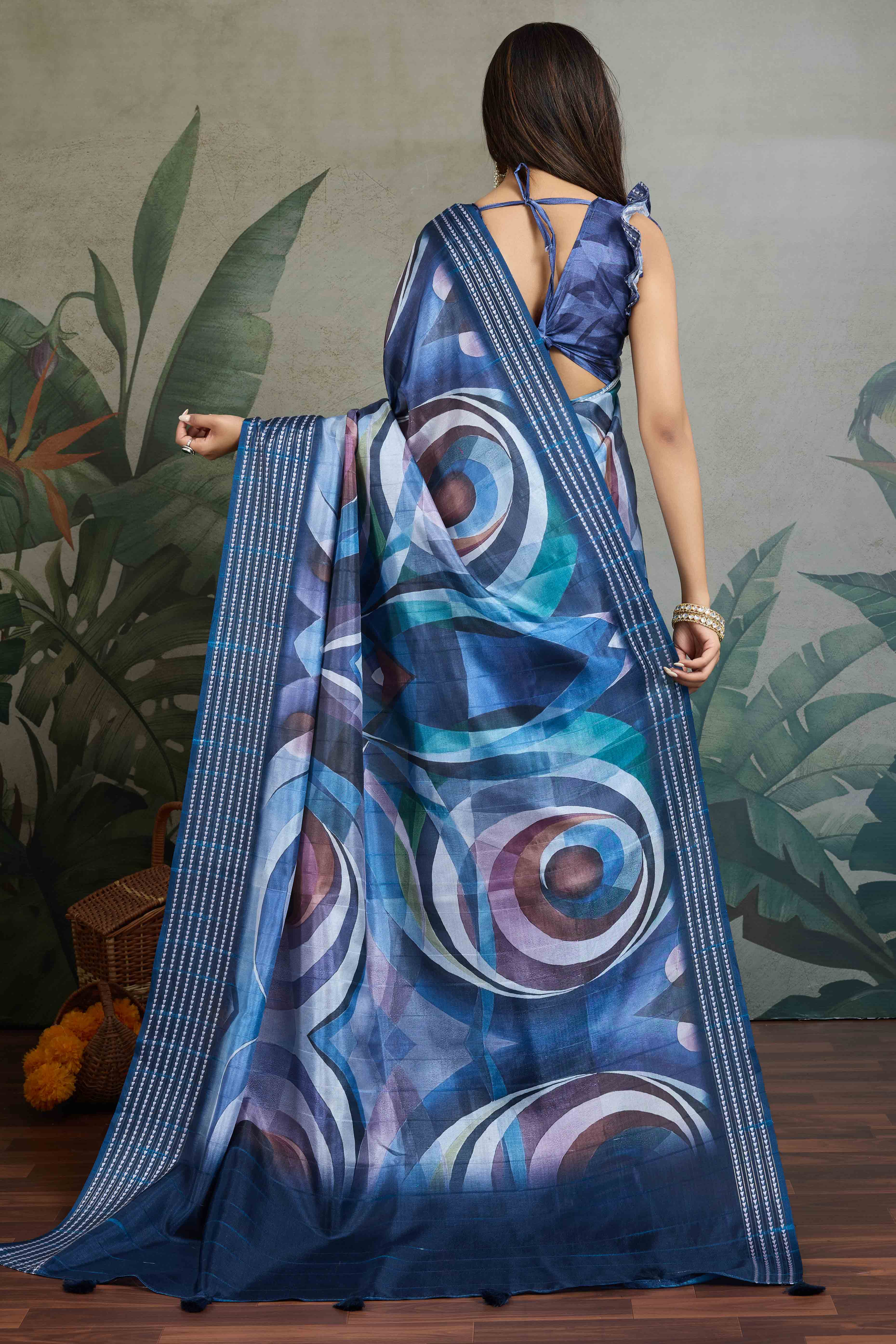 Blue Silk Blend Saree with Geometric Print