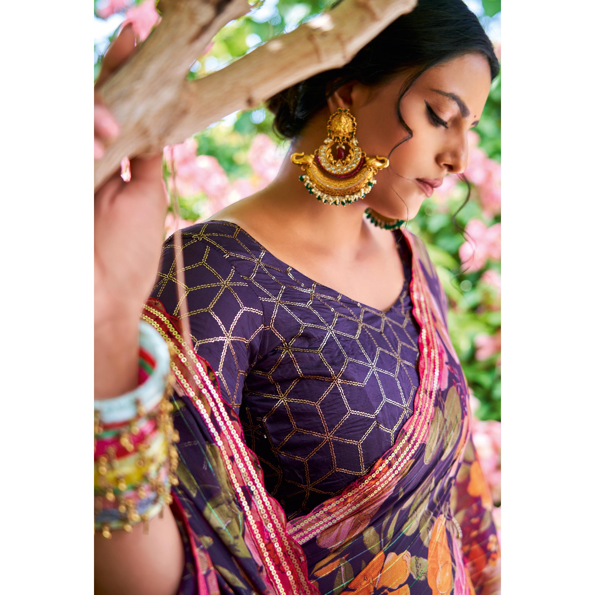 Wine Floral Printed Chiffon Saree With Zari Work