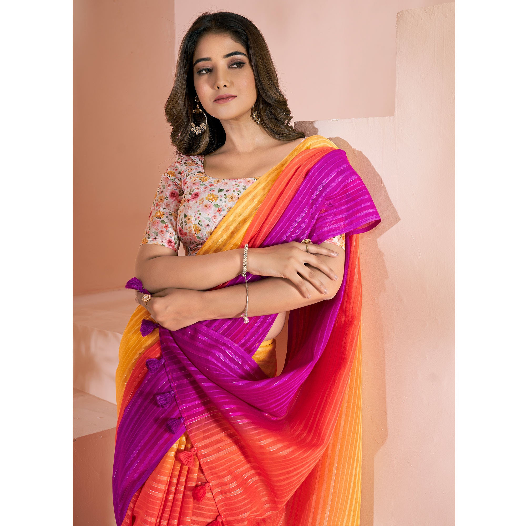 Multicolor Woven Linen Saree With Tassels