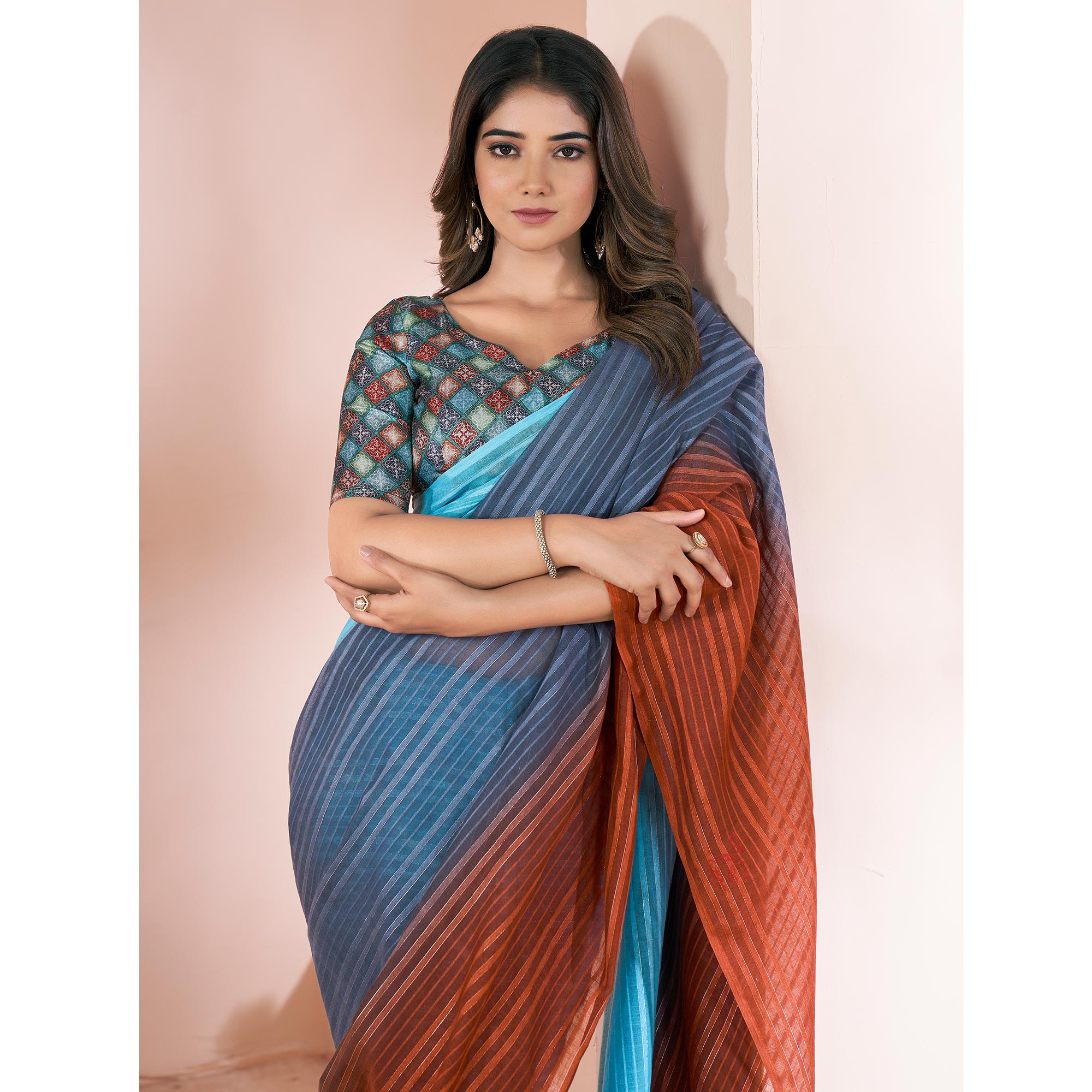 Multicolor Woven Linen Saree With Tassels