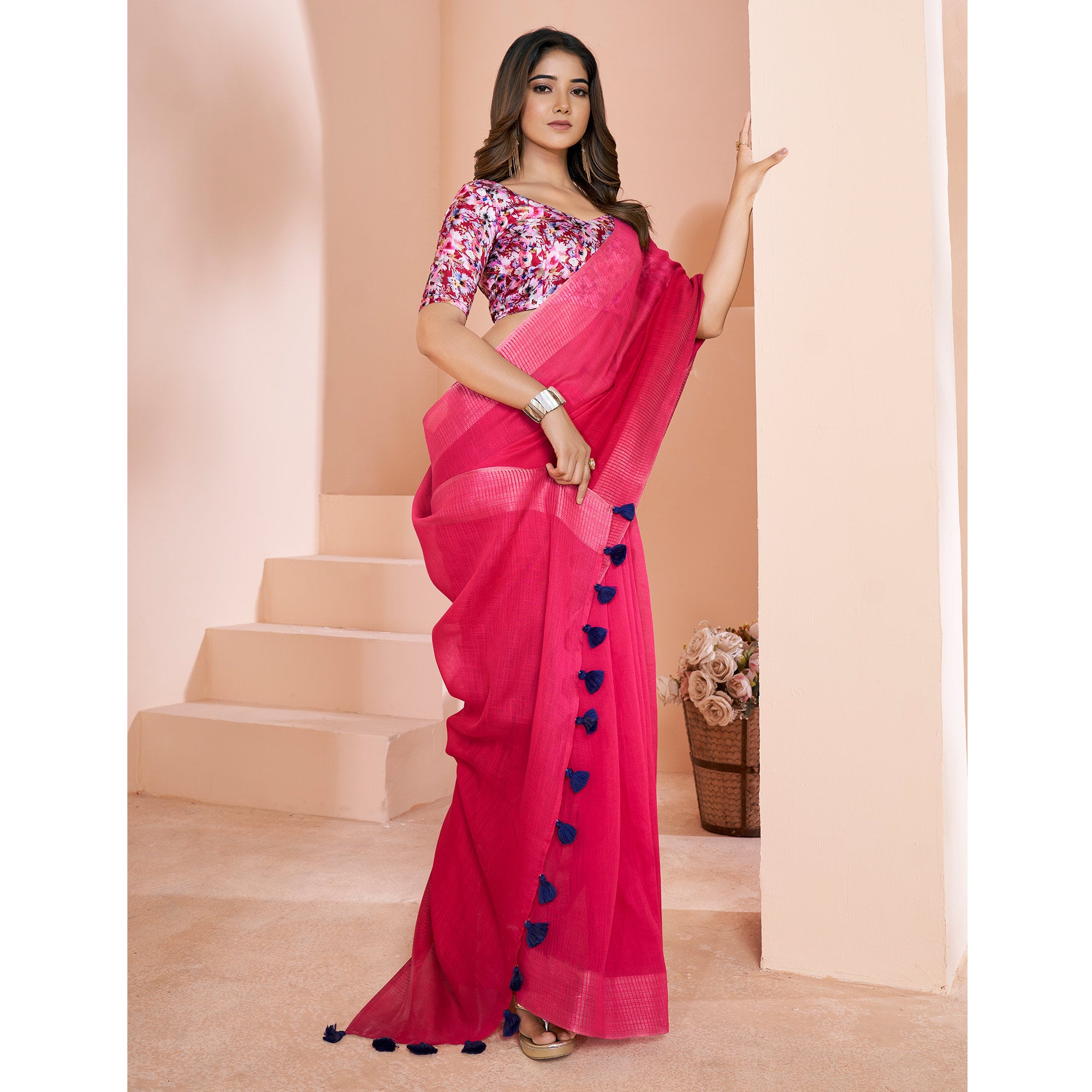 Pink Woven Linen Saree With Tassels