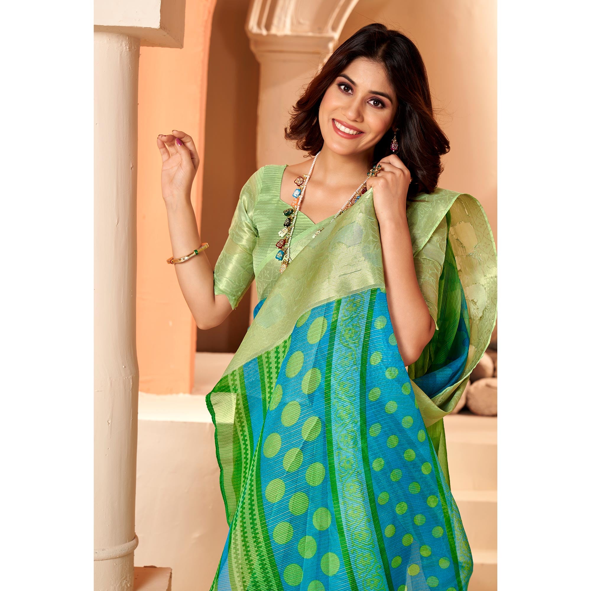 Green & Blue Printed Organza Saree With Woven Border