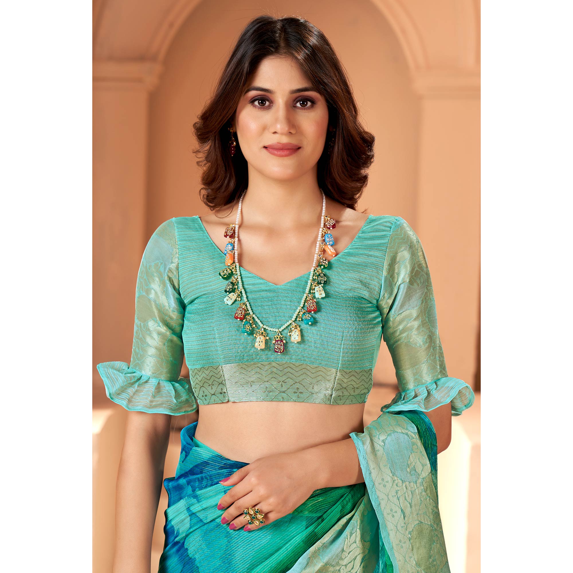 Blue & Sea Green Printed Organza Saree With Woven Border