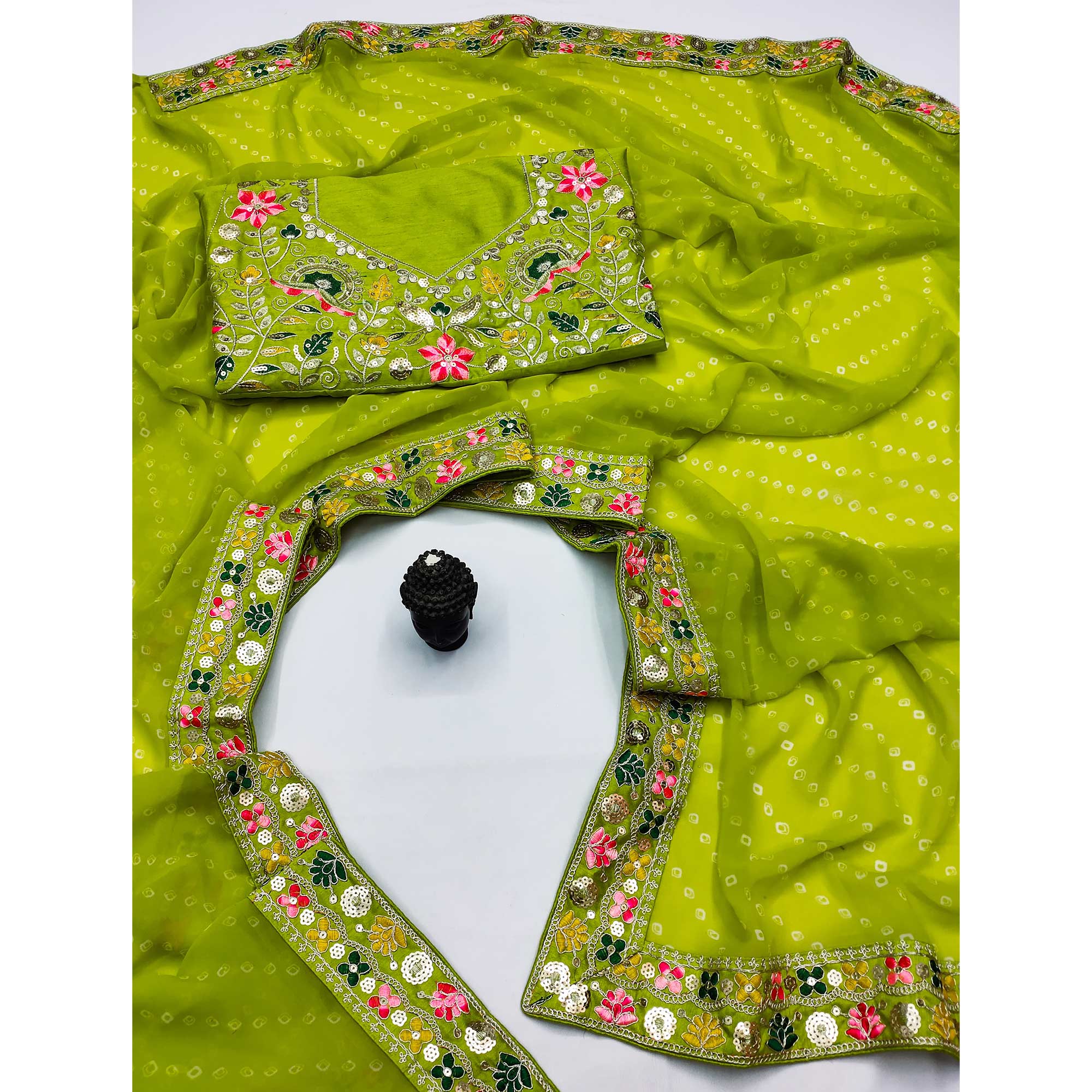 Parrot Green Bandhani Printed Georgette Saree With Sparkling Sequin Embroidered Border