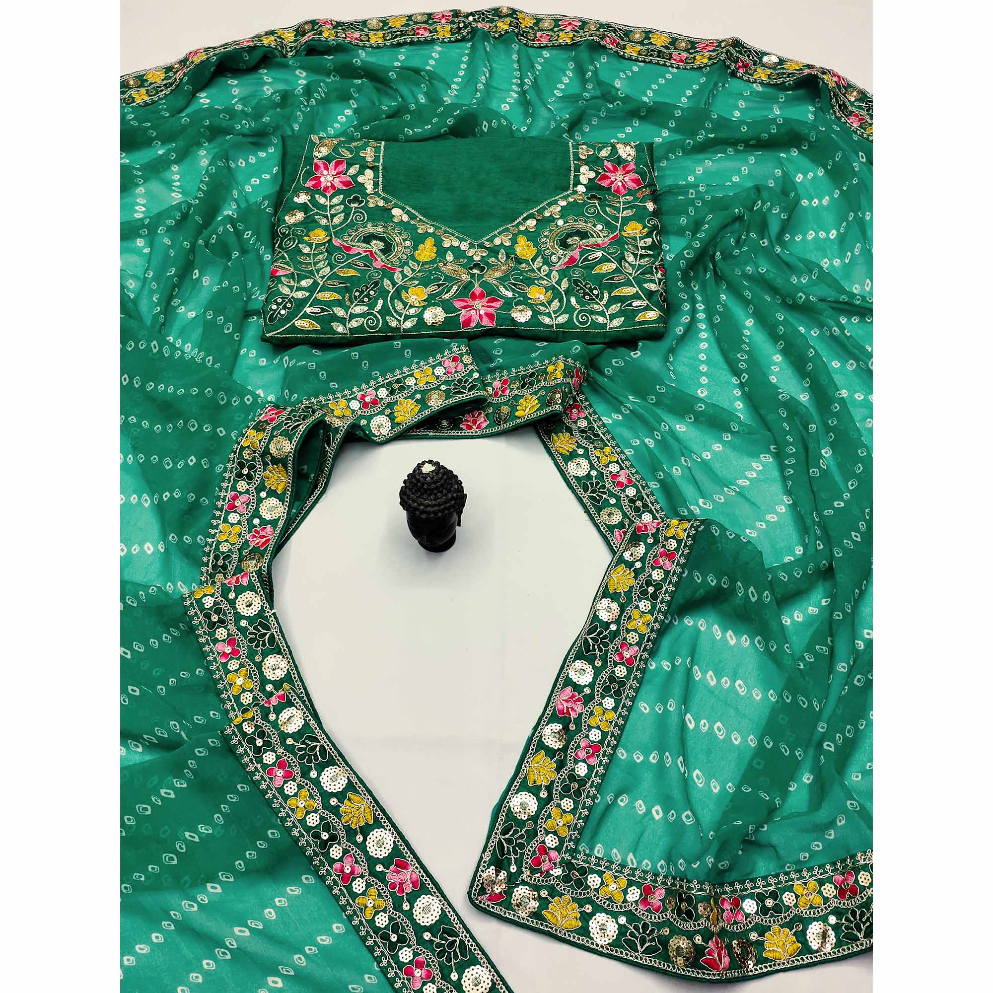 Rama Green Bandhani Printed Georgette Saree With Sparkling Sequin Embroidered Border