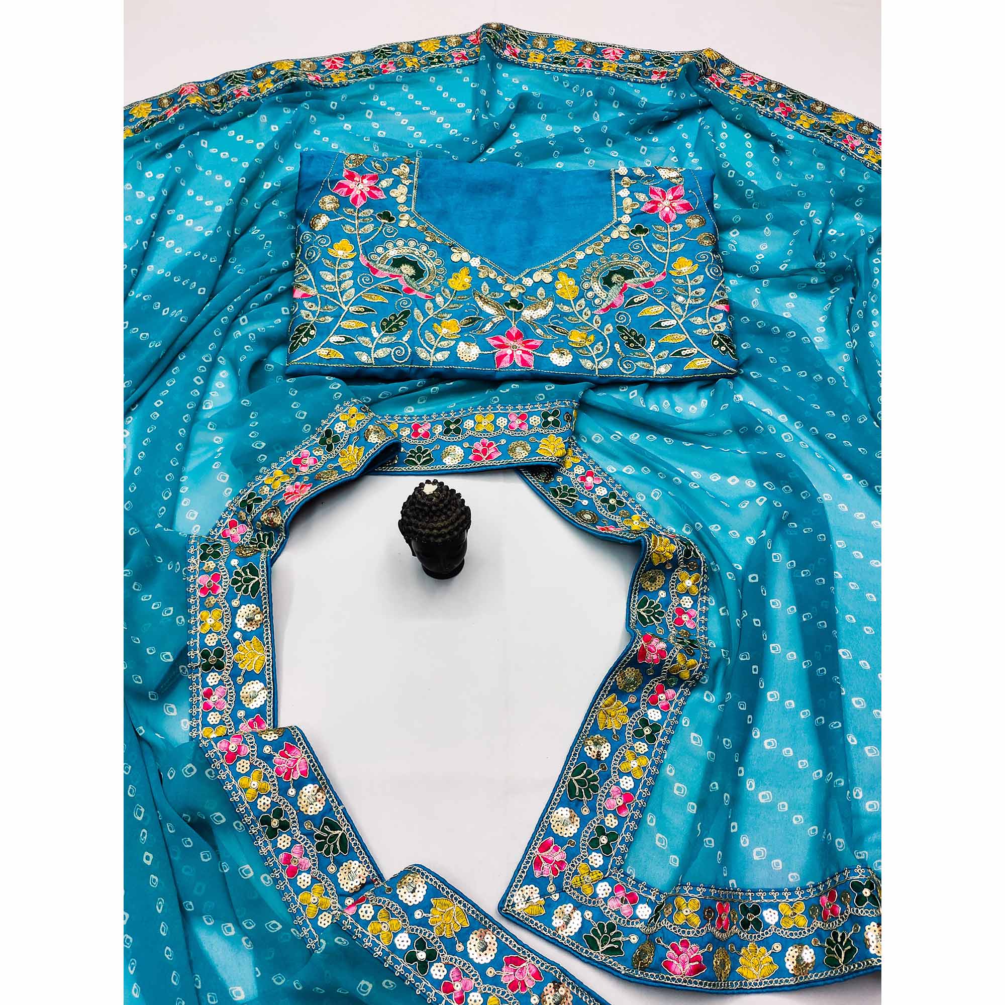 Blue Bandhani Printed Georgette Saree With Sparkling Sequin Embroidered Border