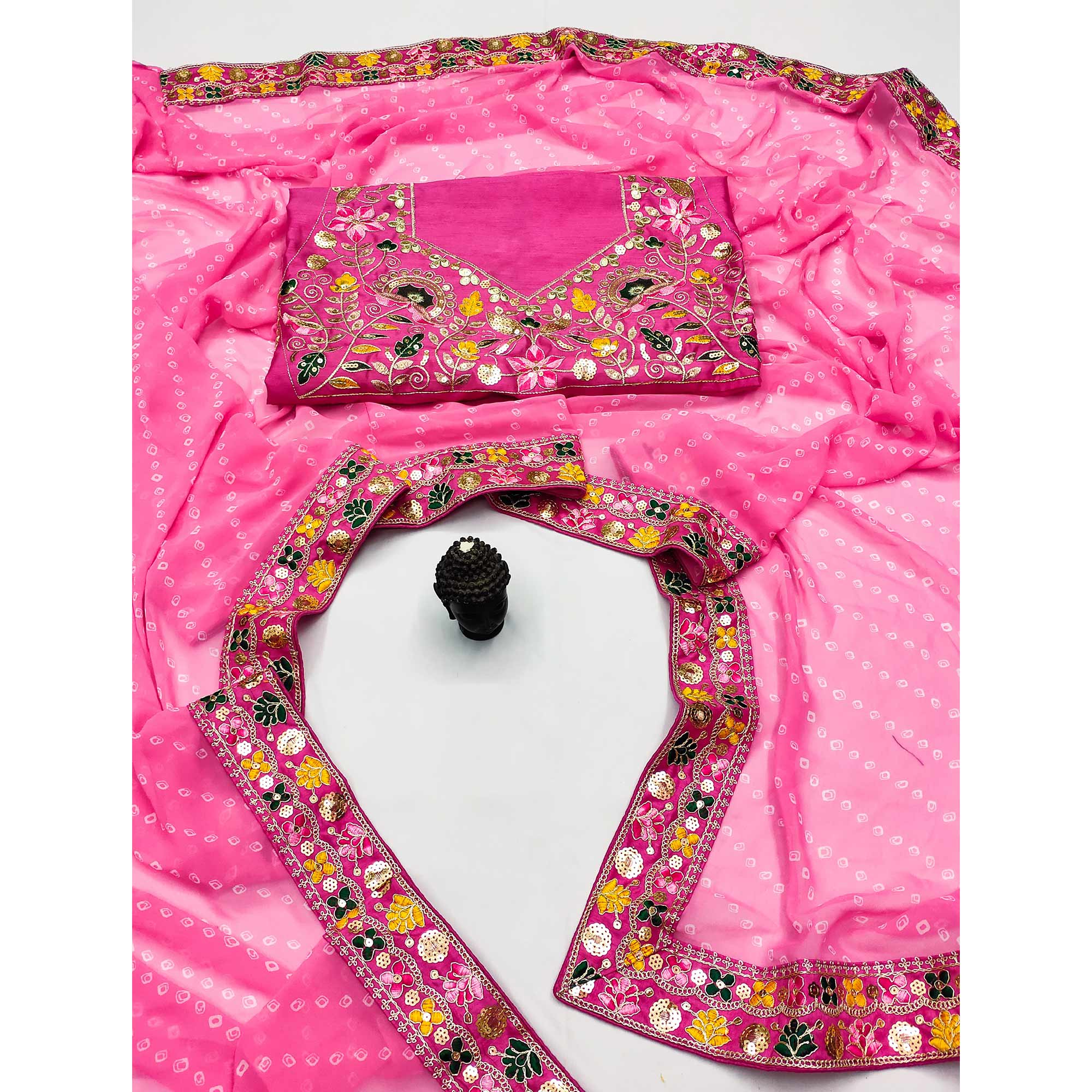 Pink Bandhani Printed Georgette Saree With Sparkling Sequin Embroidered Border