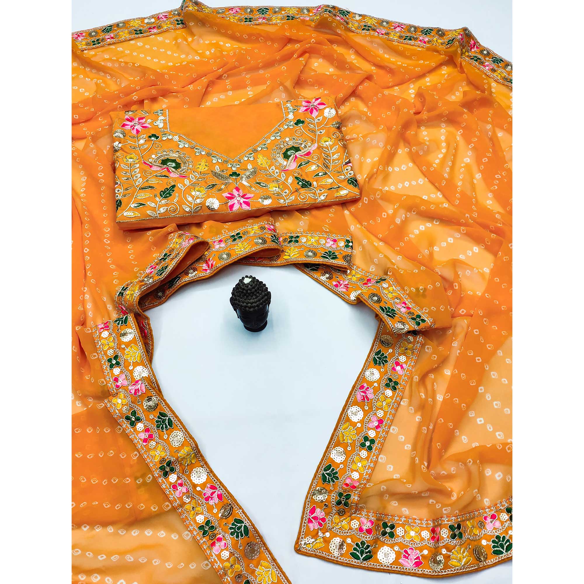 Orange Bandhani Printed Georgette Saree With Sparkling Sequin Embroidered Border
