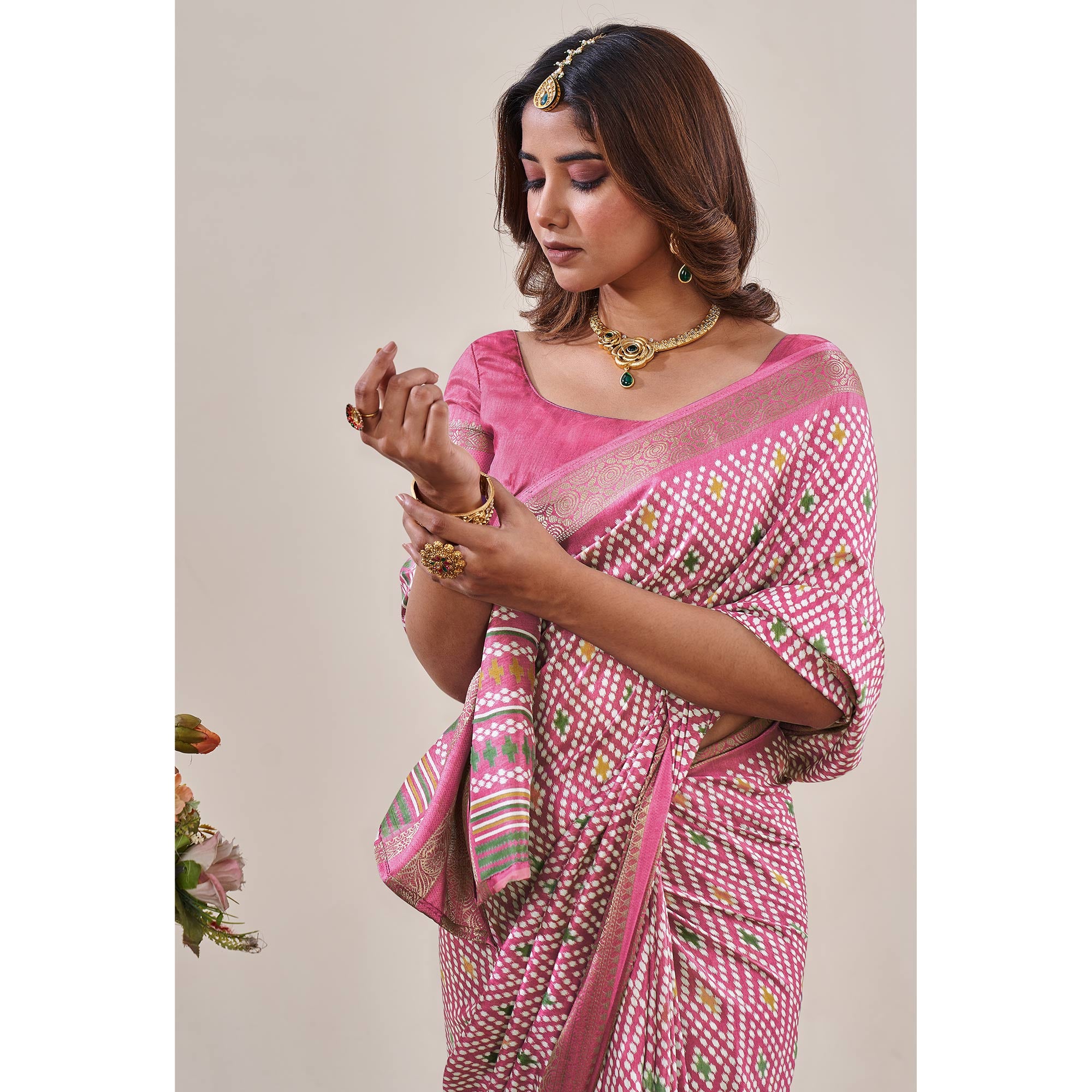 Baby Pink Ikkat Printed With Jacquard Border Cotton Silk Saree