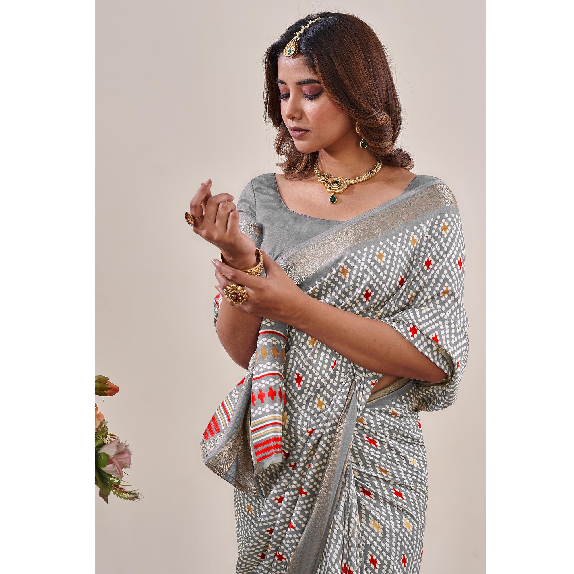 Grey Ikkat Printed With Jacquard Border Cotton Silk Saree