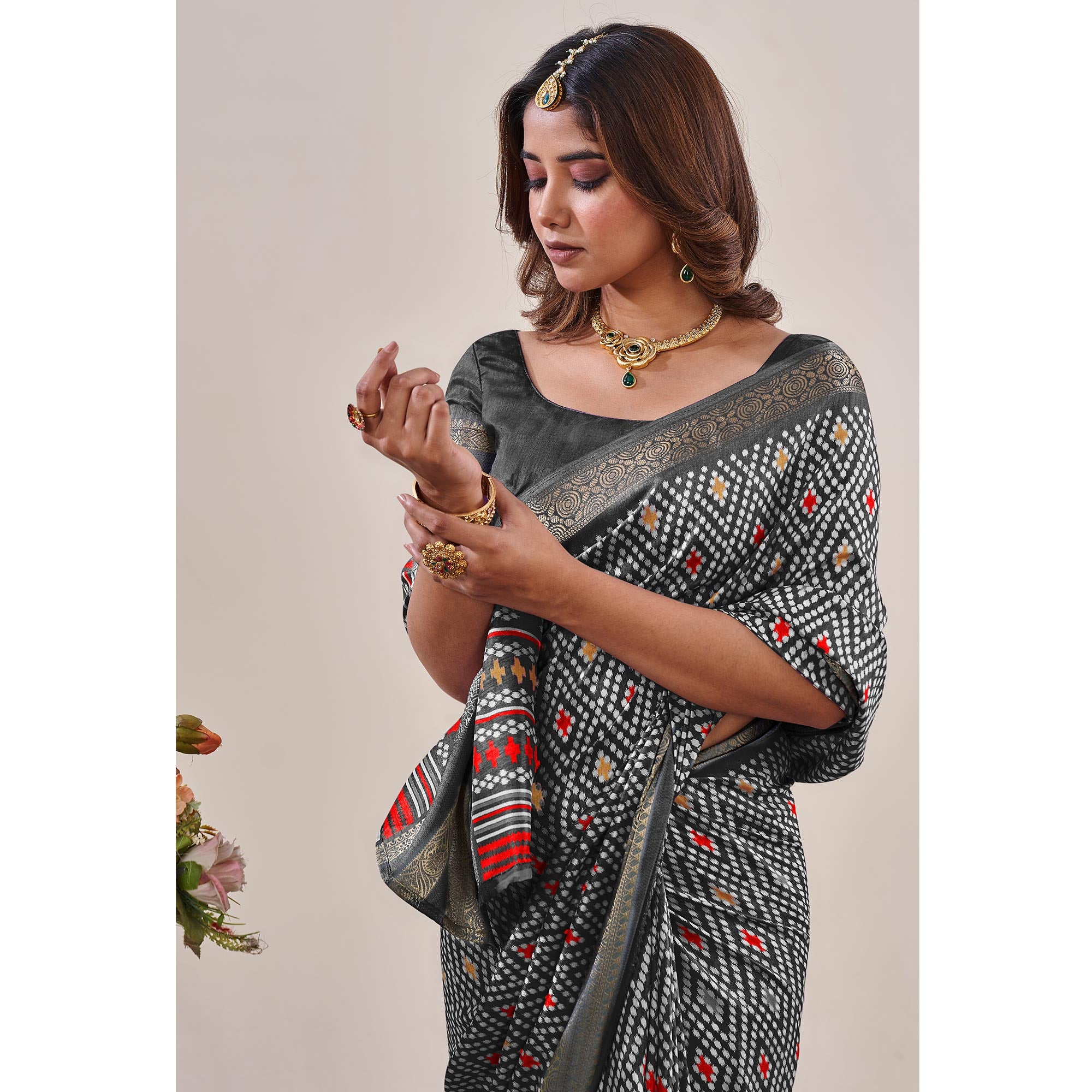 Black Ikkat Printed With Jacquard Border Cotton Silk Saree
