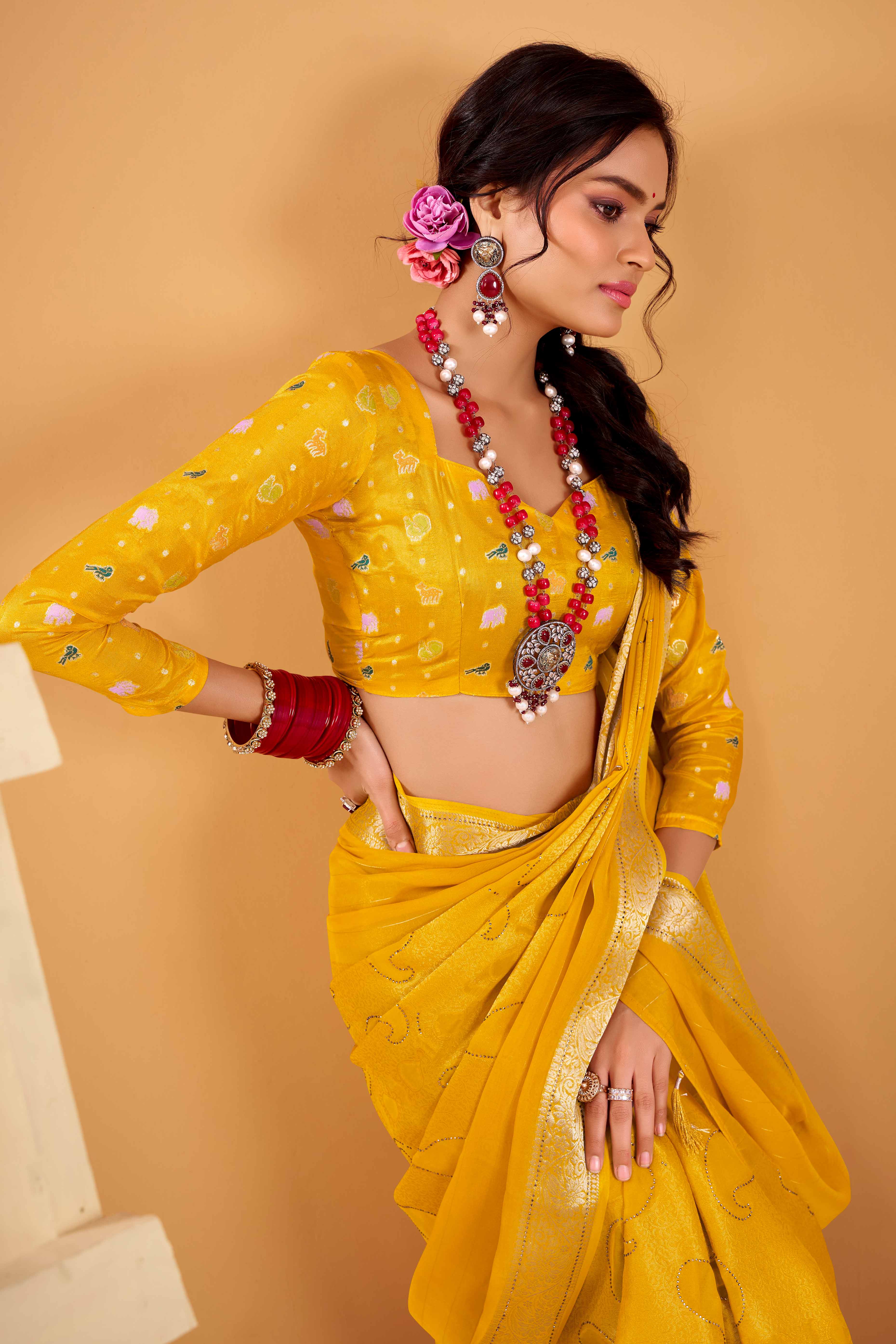 Yellow Jacquard Saree Featuring Swarovski Embellishments With Rich Paisley & Floral Weave
