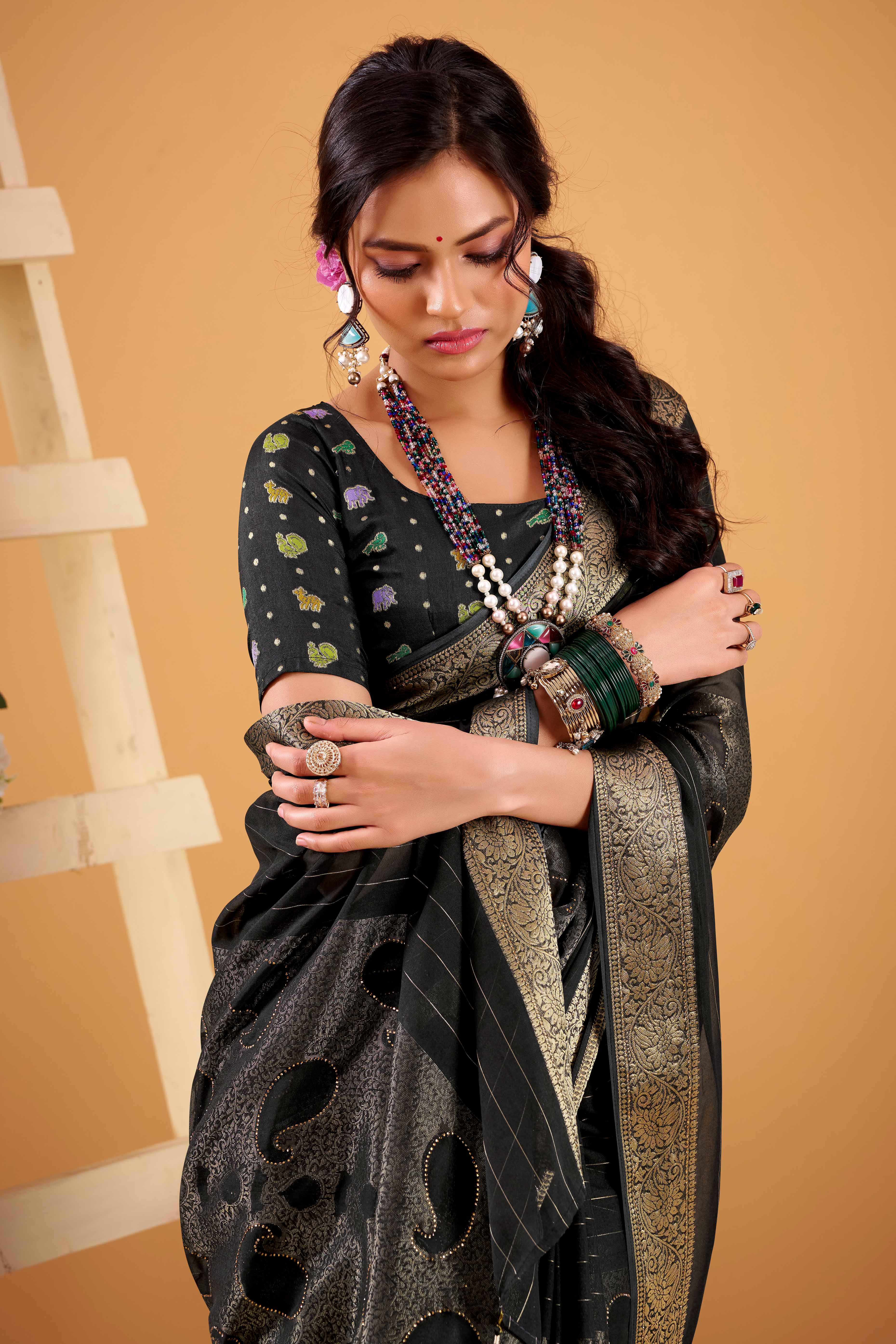 Black Jacquard Saree Featuring Swarovski Embellishments With Rich Paisley & Floral Weave