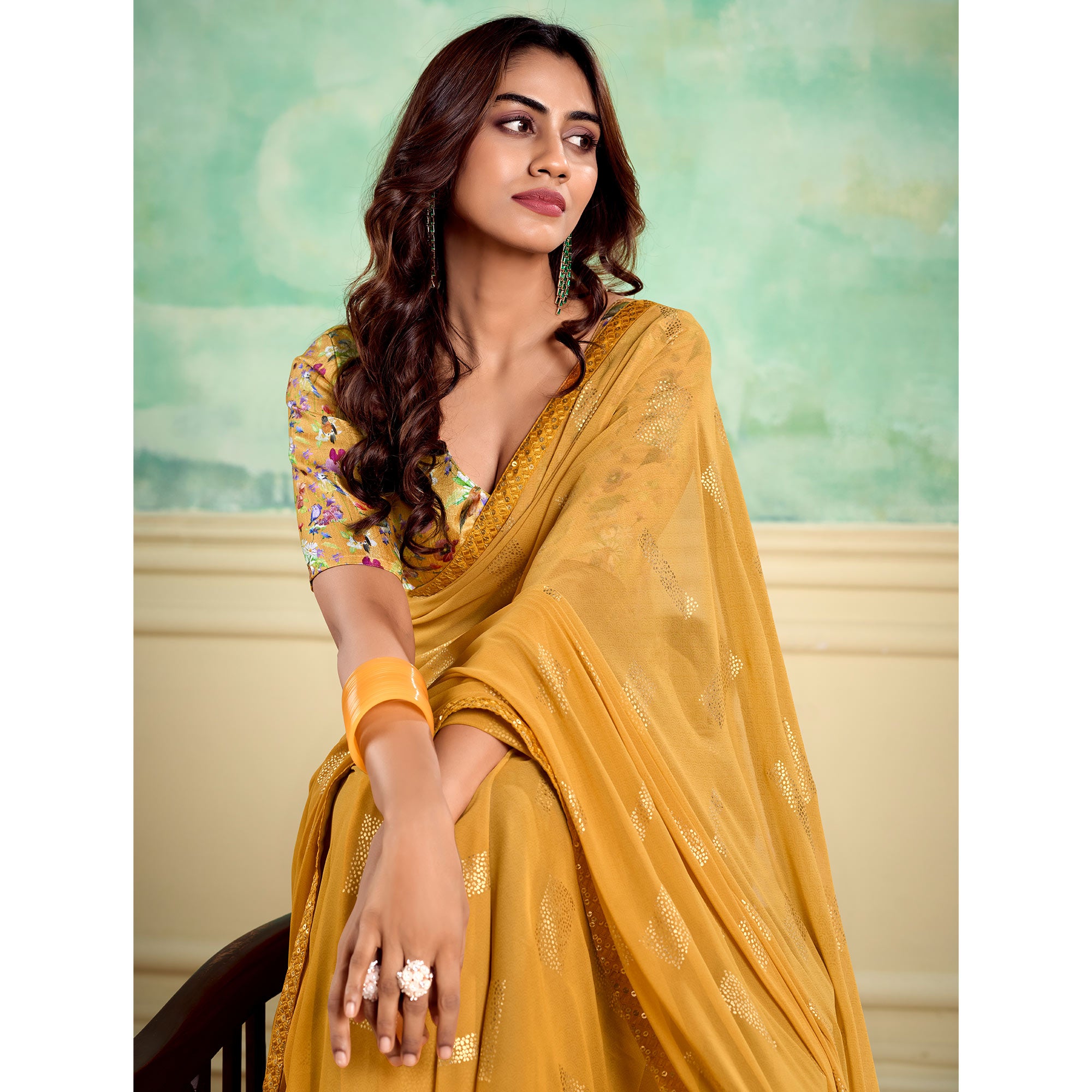 Mustard Foil Printed With Sequins Georgette Saree
