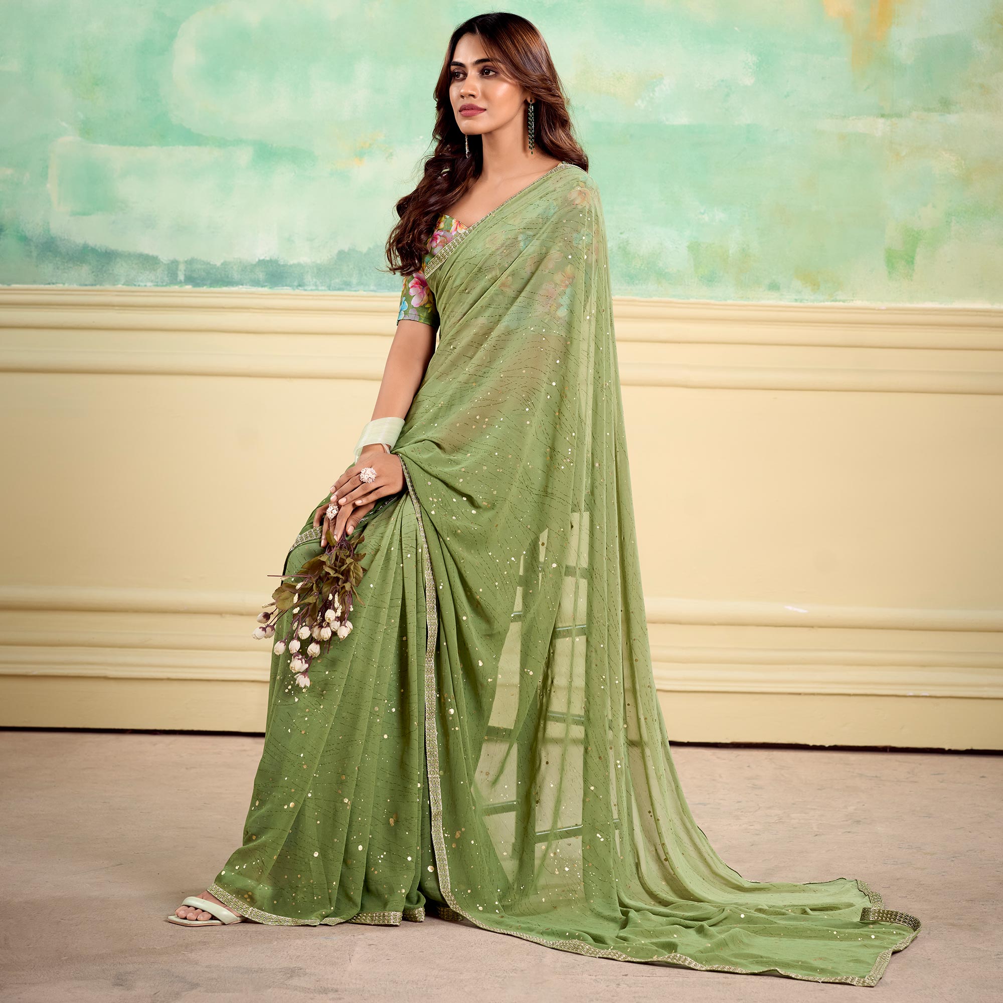 Green Foil Printed With Sequins Georgette Saree