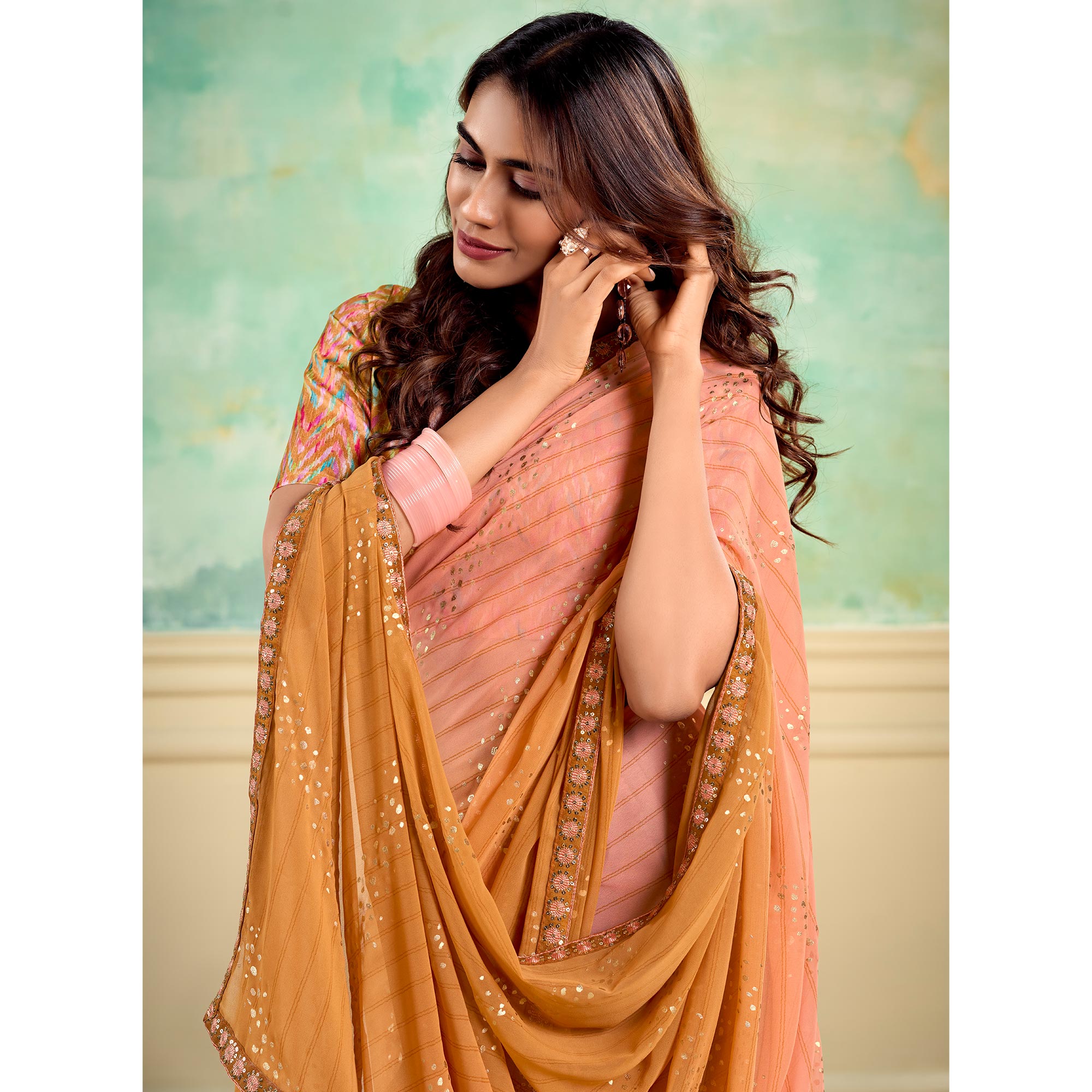 Peach & Brown Foil Printed With Sequins Georgette Saree