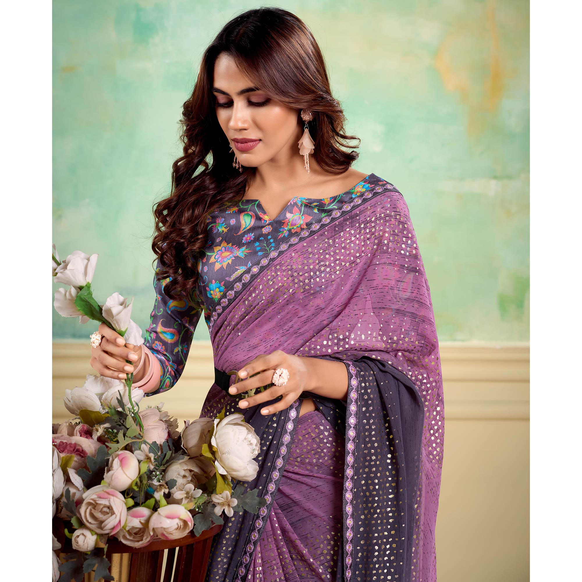 Purple Foil Printed With Sequin Georgette Saree
