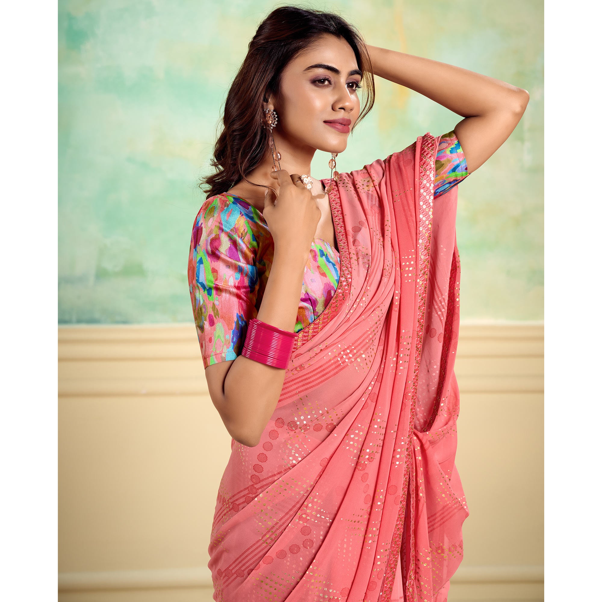 Peach Foil Printed With Sequins Georgette Saree