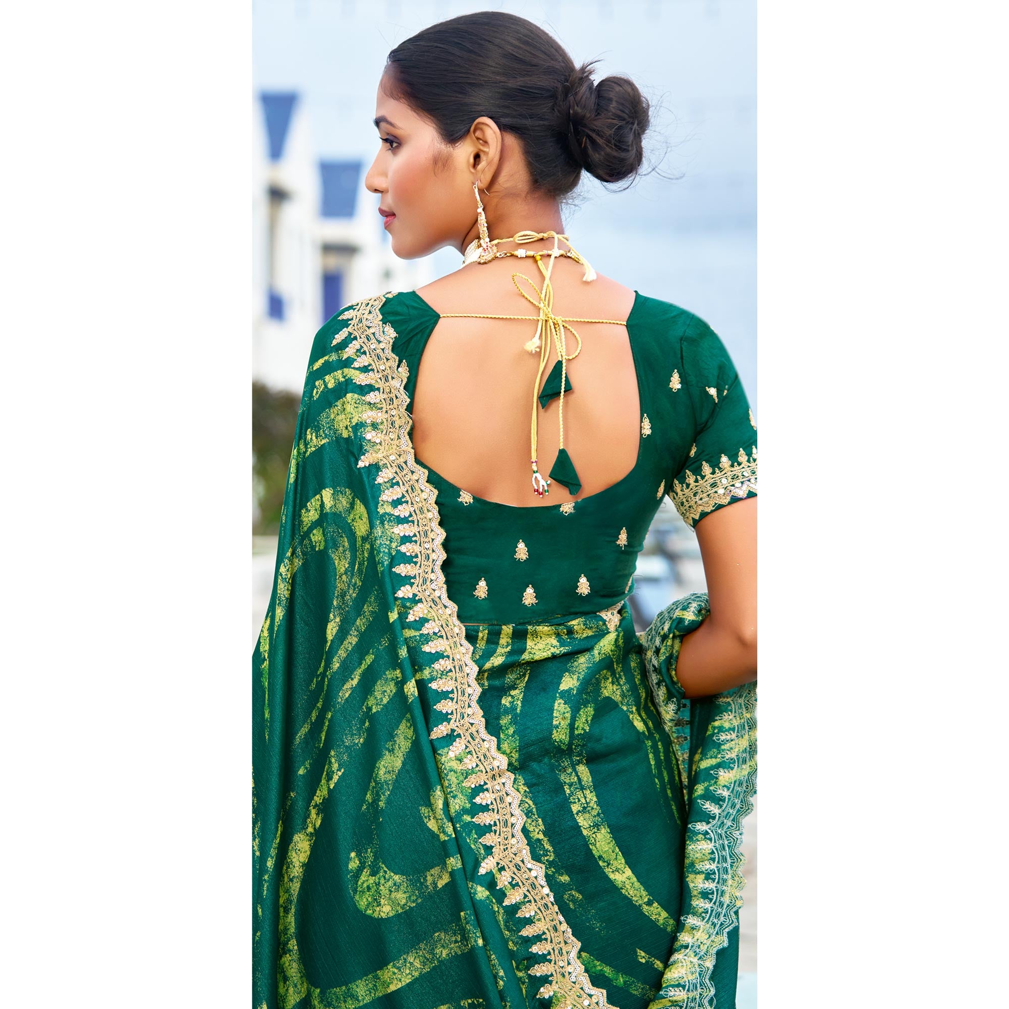 Green Printed Chiffon Saree With Sequins Border