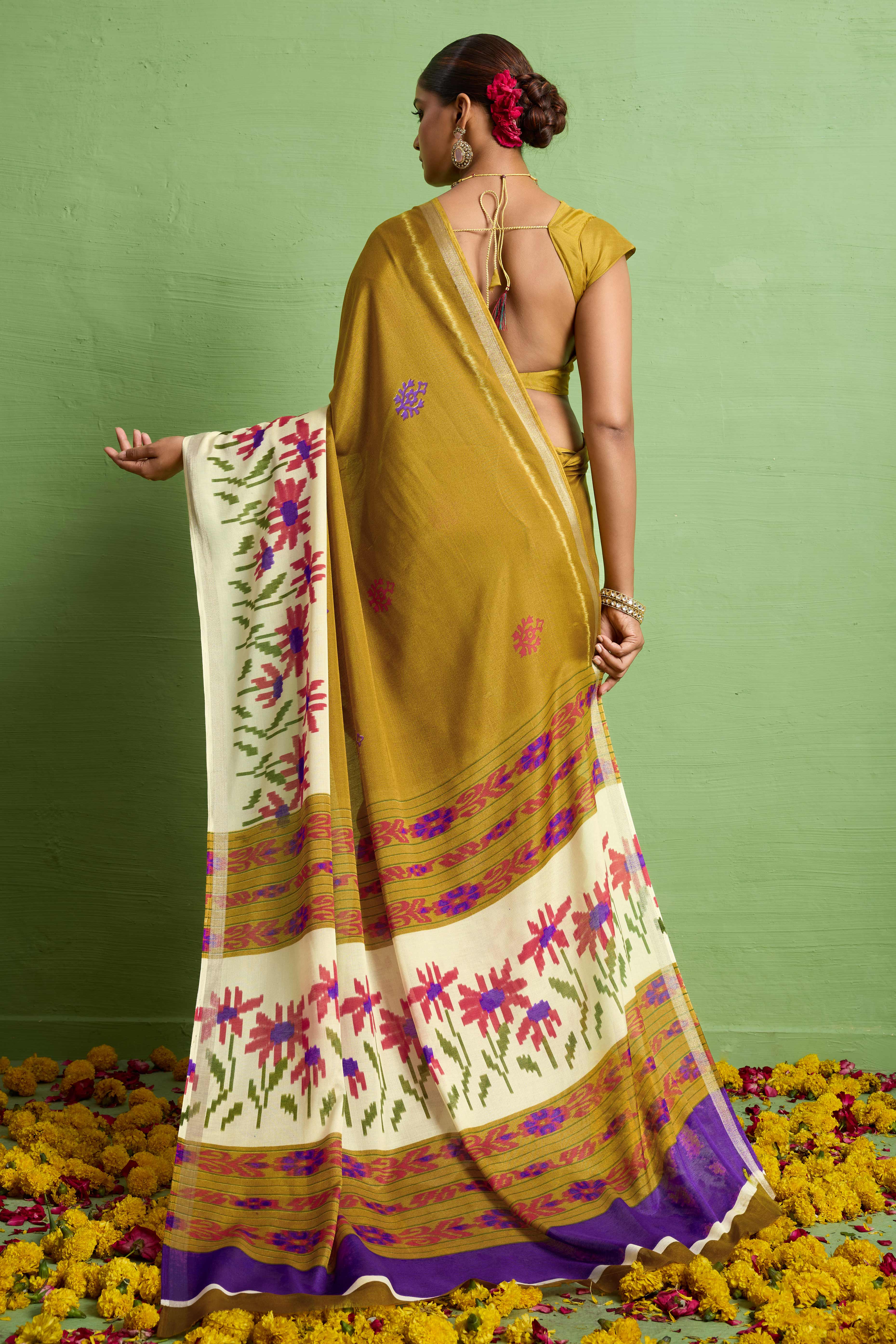 Traditional Mustard Silk Blend Saree with Ikkat Print & Zari Edging