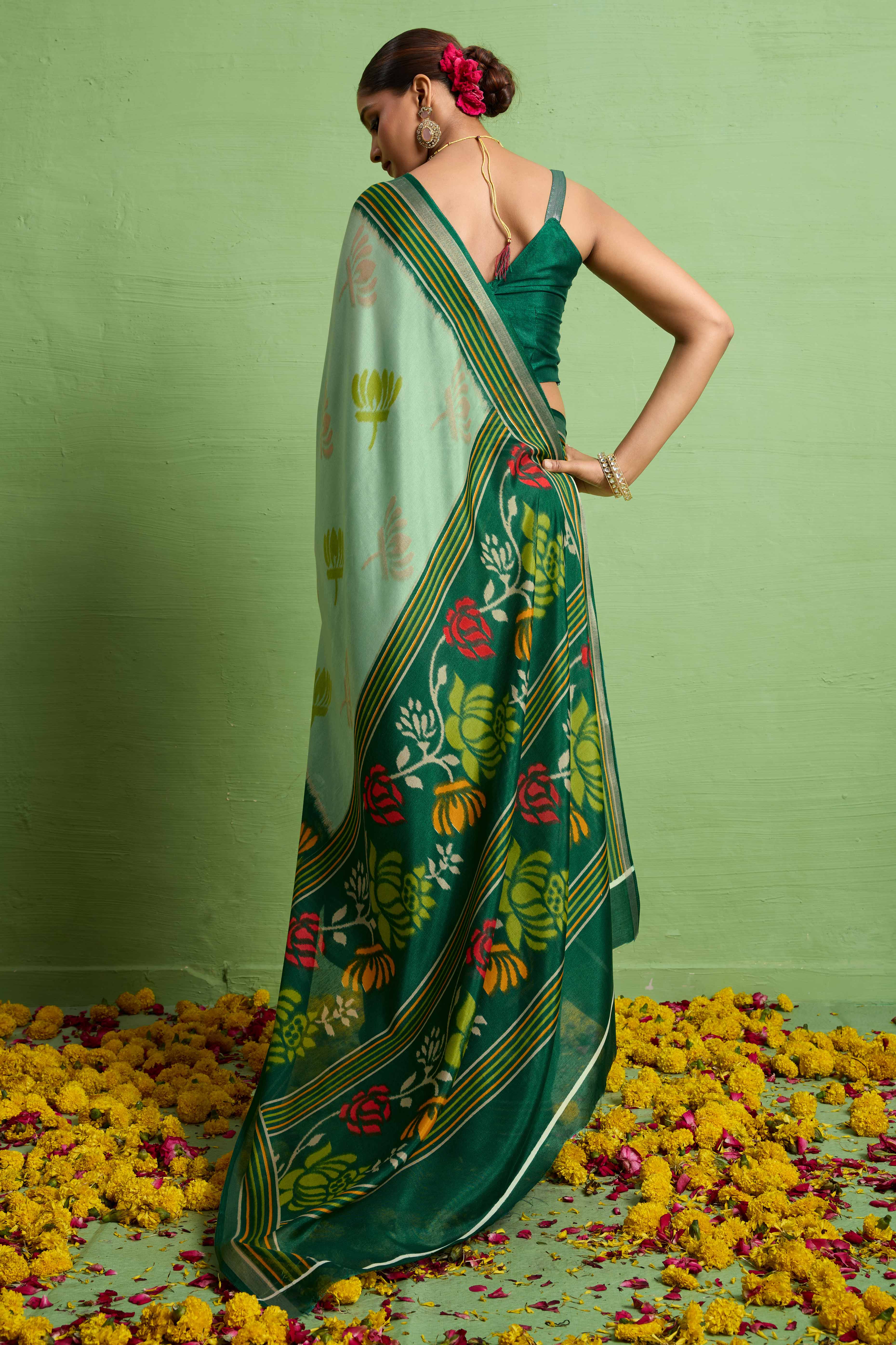 Traditional Aqua Green Silk Blend Saree with Ikkat Print & Zari Edging