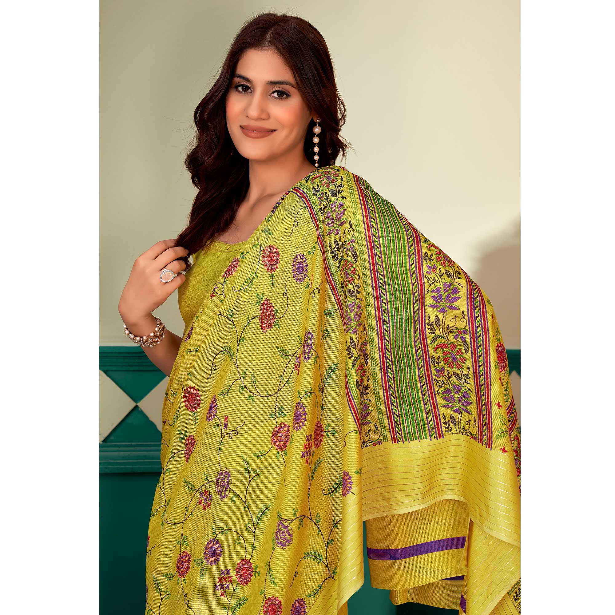 Yellow Floral Printed Linen Saree