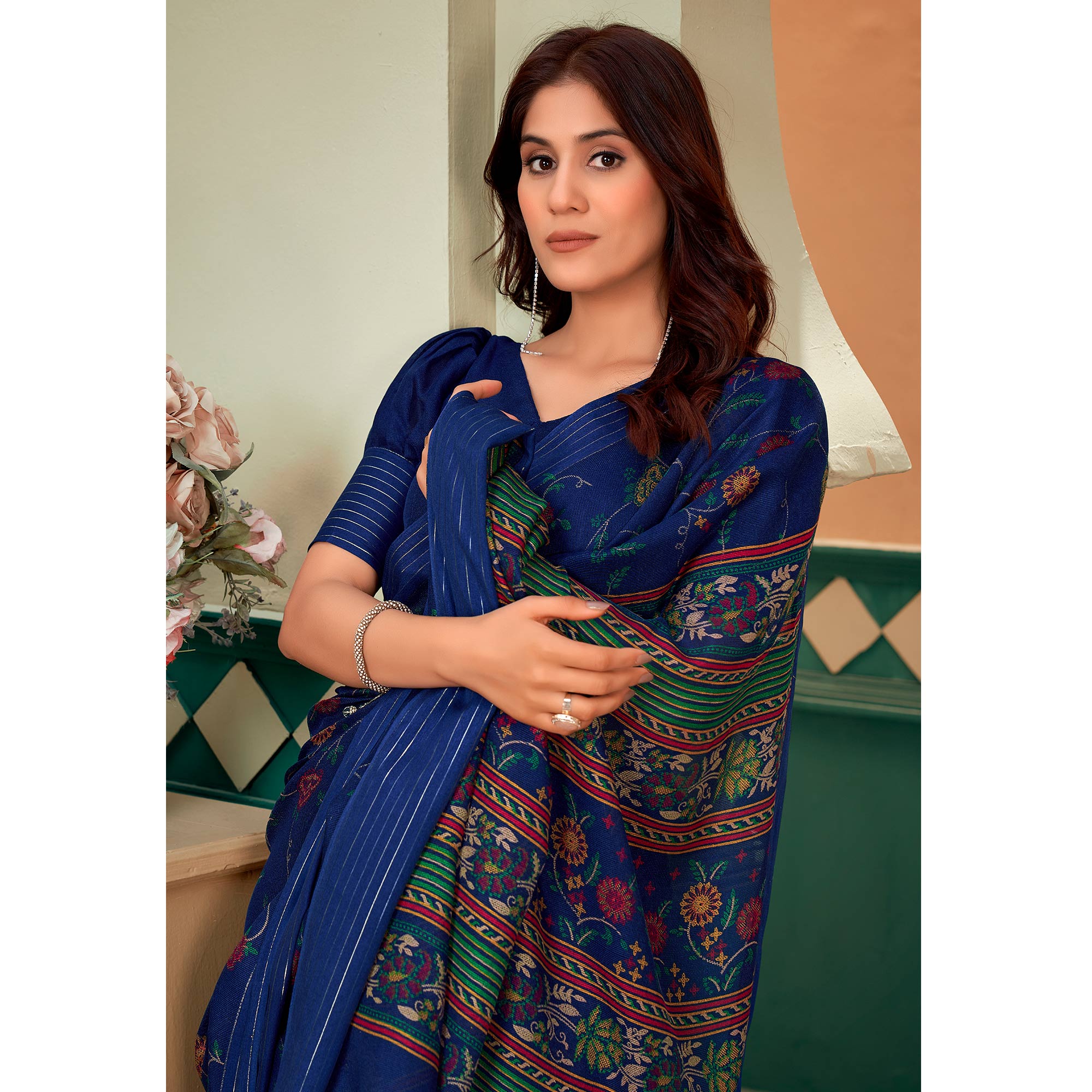 Navy Blue Floral Printed Linen Saree