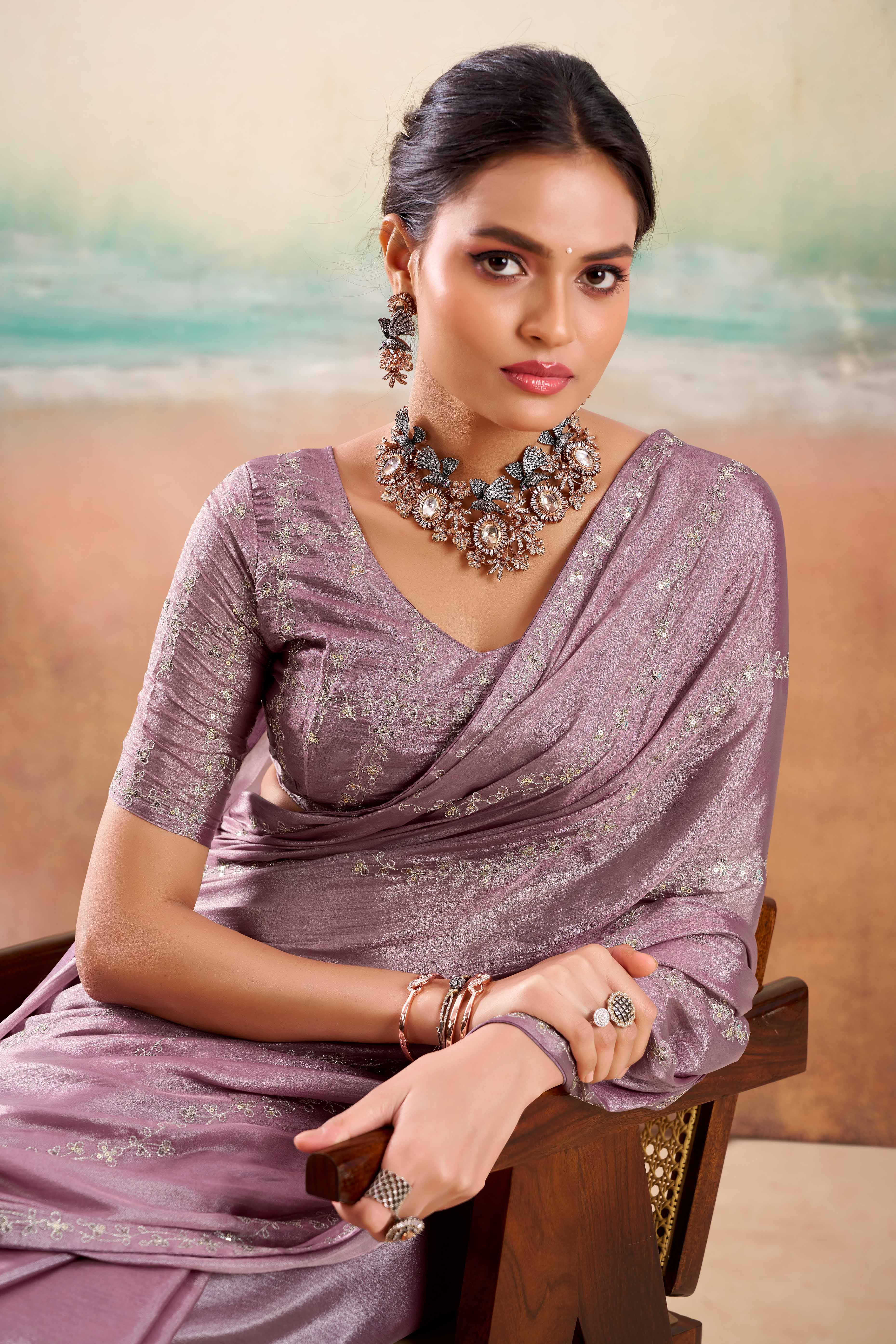 Dusty Purple Two Tone Chiffon Saree Adorned With Floral Cording Embroidery & Sequins Work