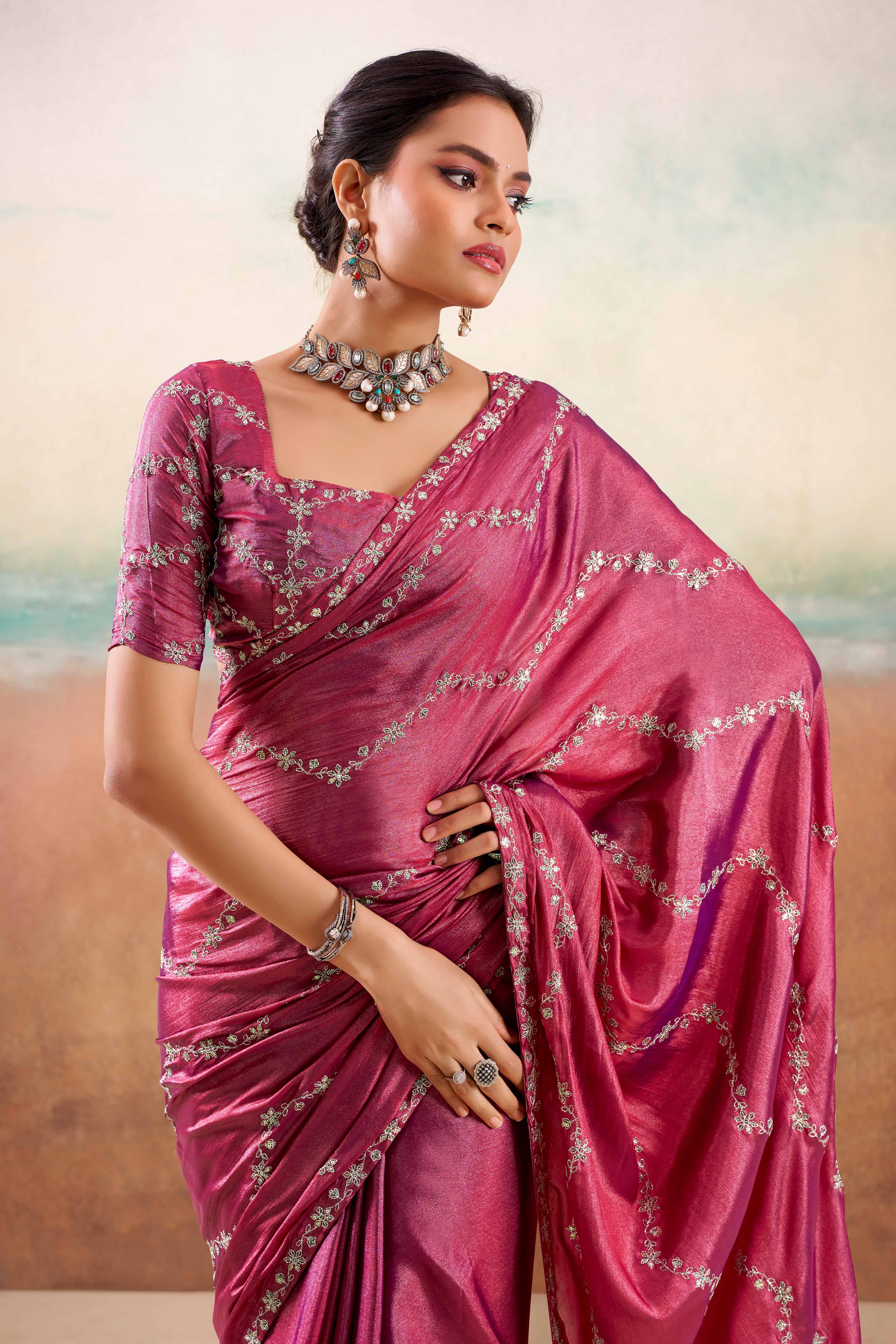 Magenta Pink Two Tone Chiffon Saree Adorned With Floral Cording Embroidery & Sequins Work