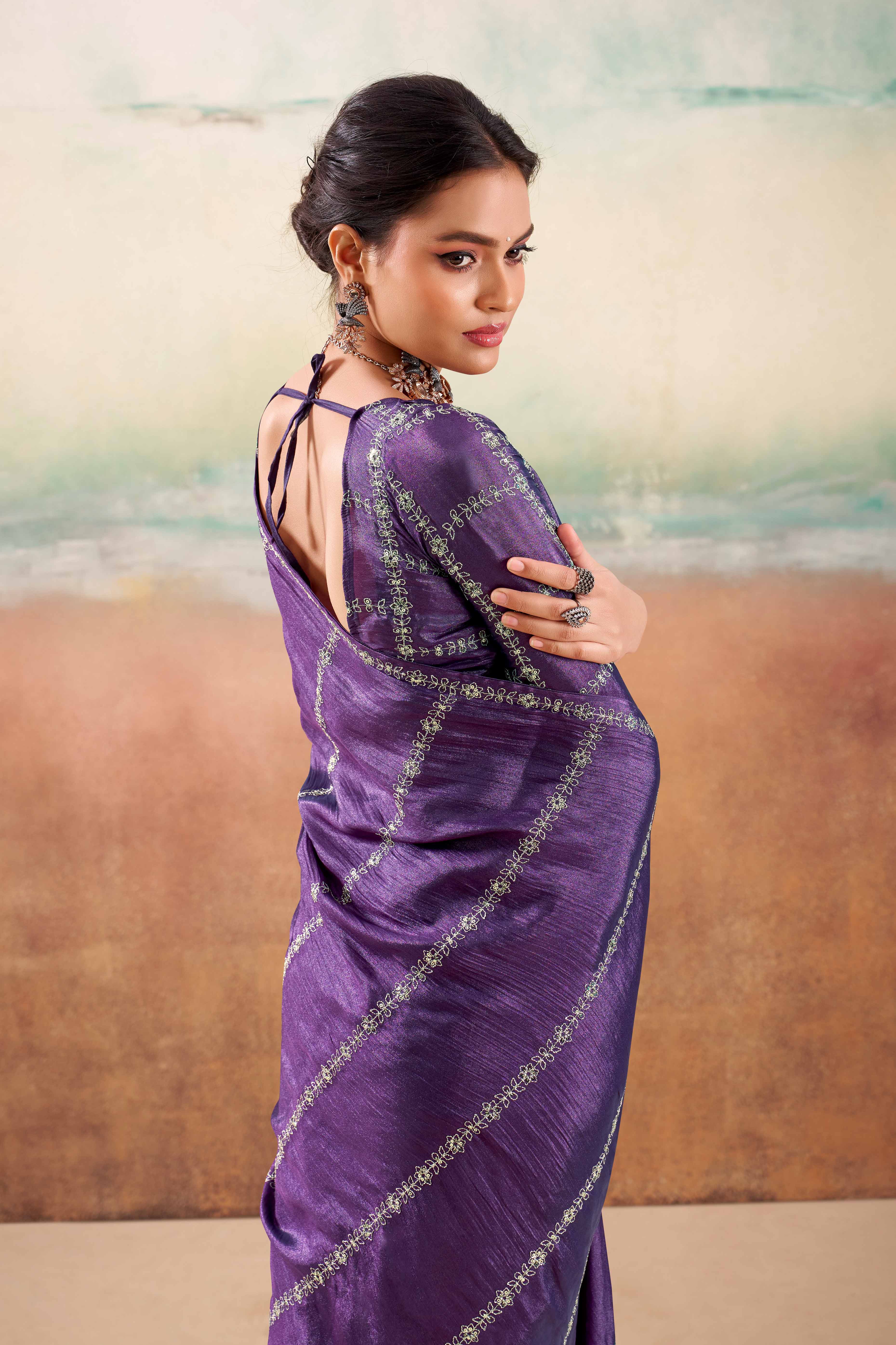 Royal Purple Two Tone Chiffon Saree Adorned With Floral Cording Embroidery & Sequins Work