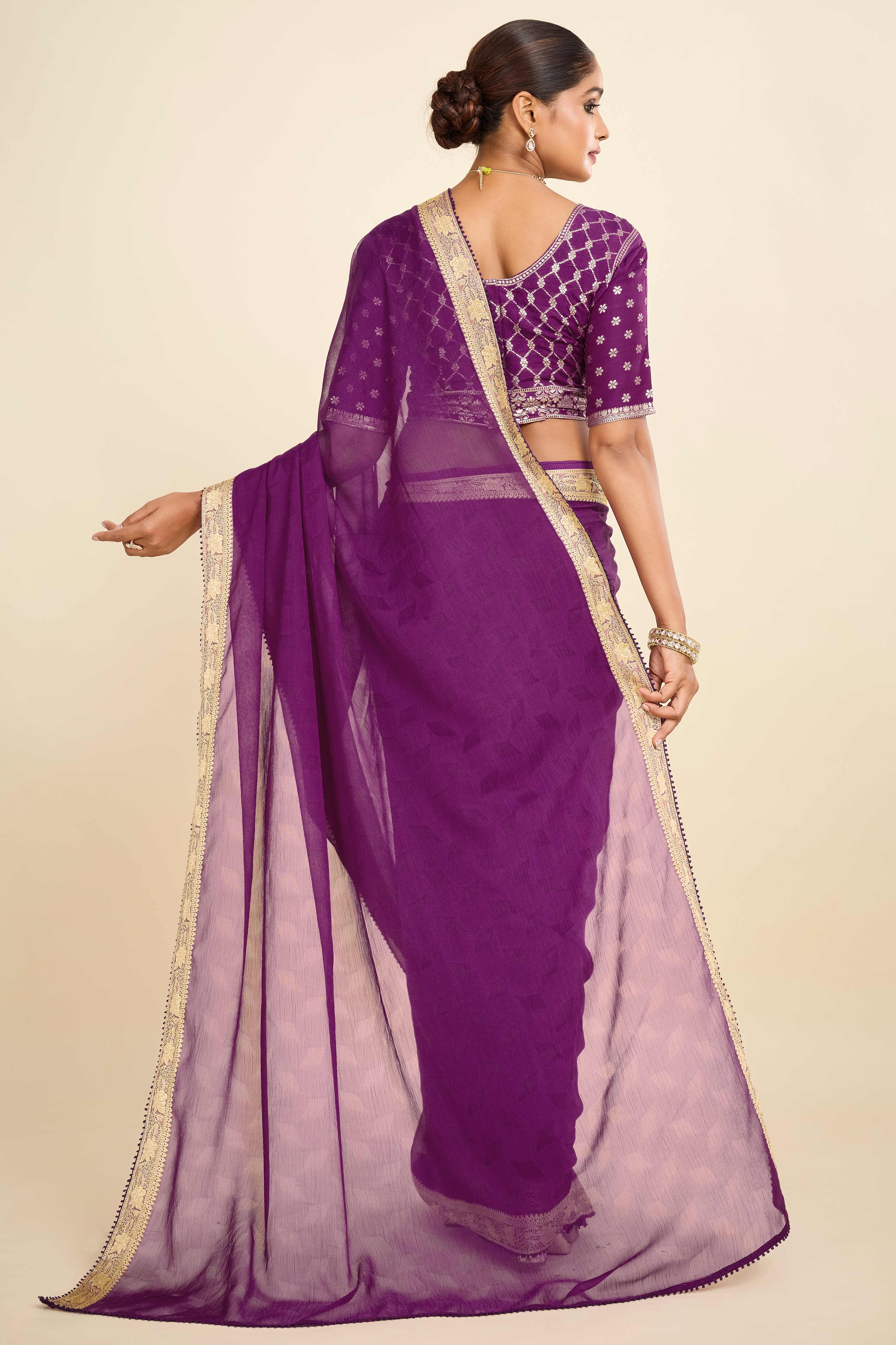 Purple Printed Chiffon Saree with Intricate Woven Edging