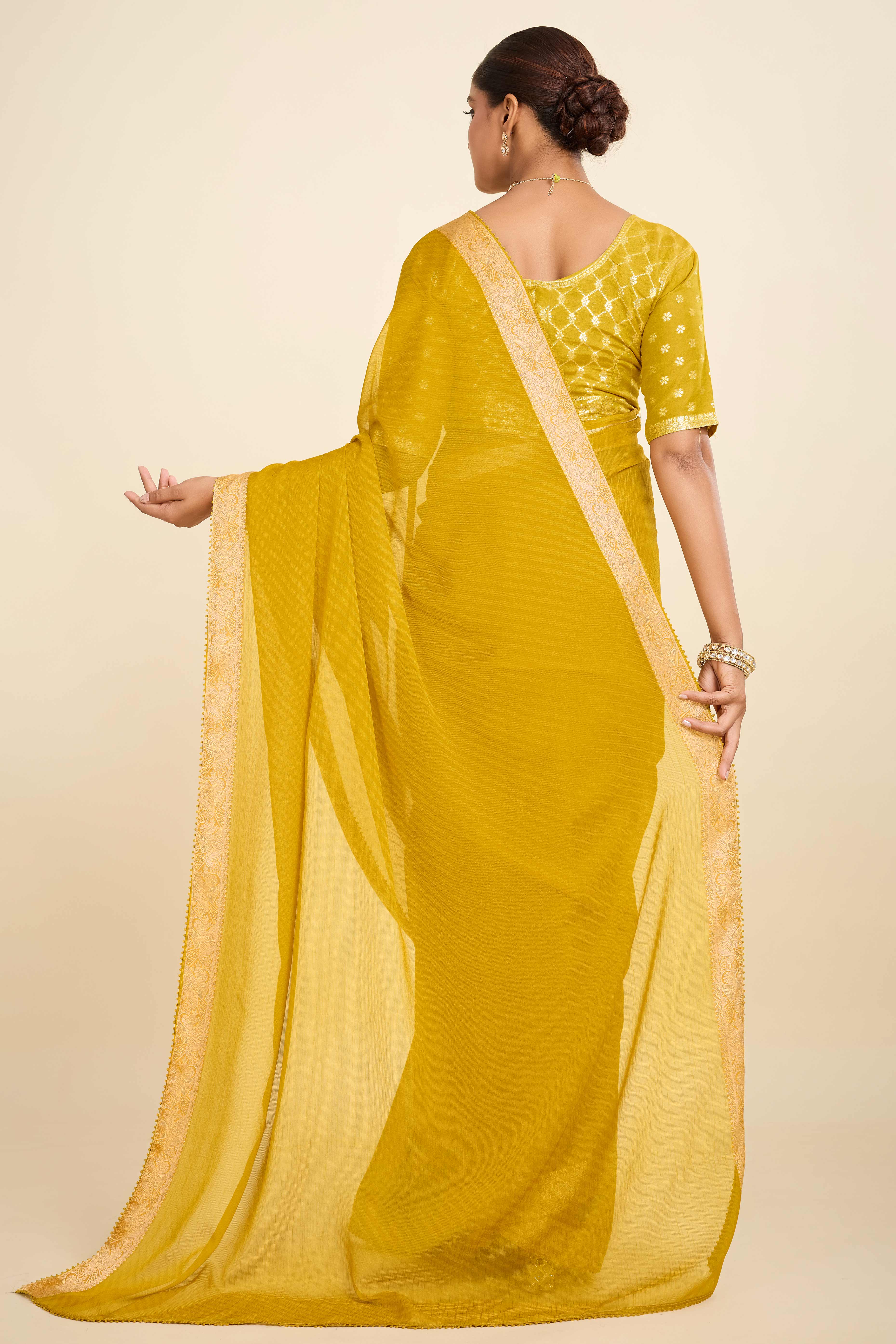 Mustard Printed Chiffon Saree with Intricate Woven Edging