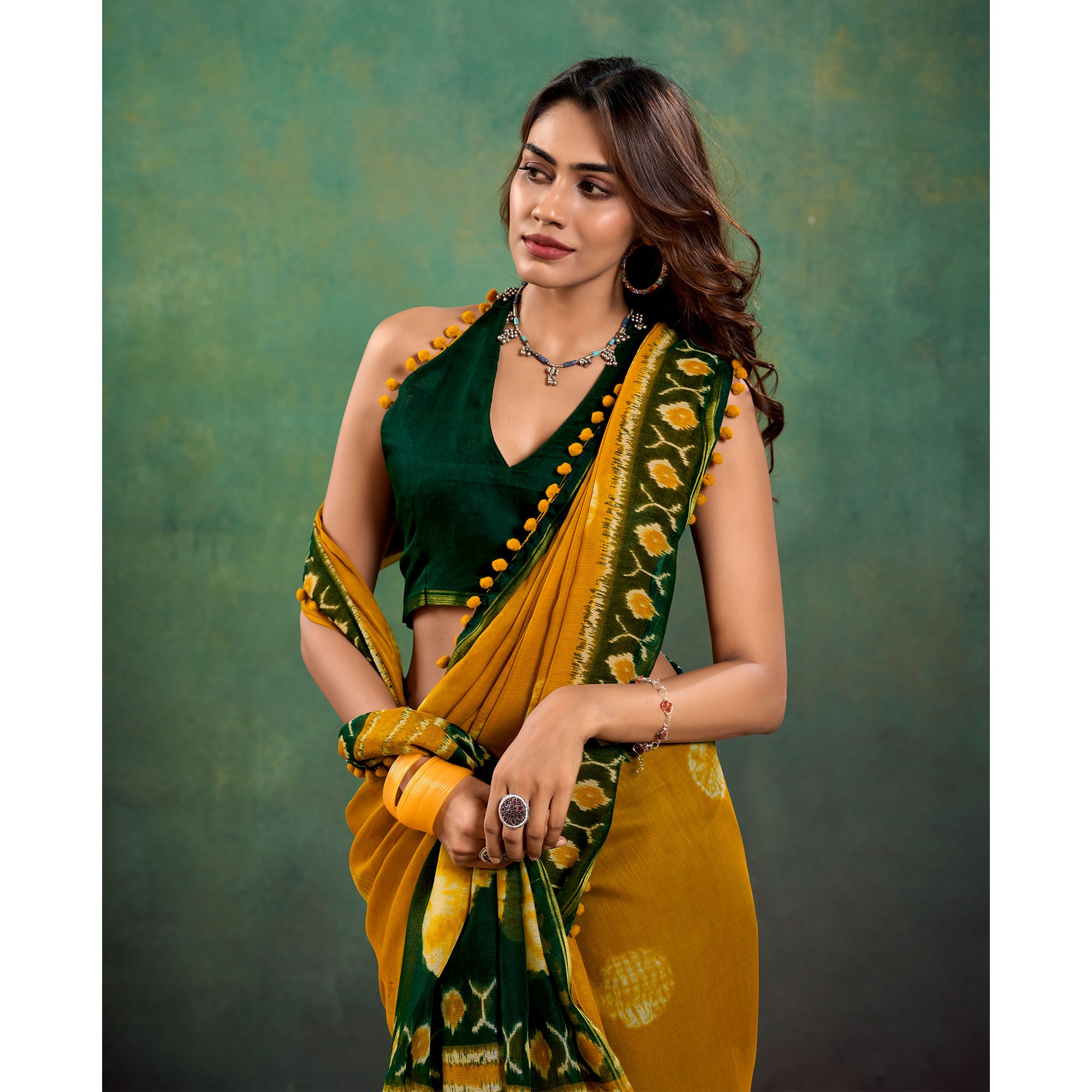 Mustard Ikkat Printed Mul Mul Cotton Saree