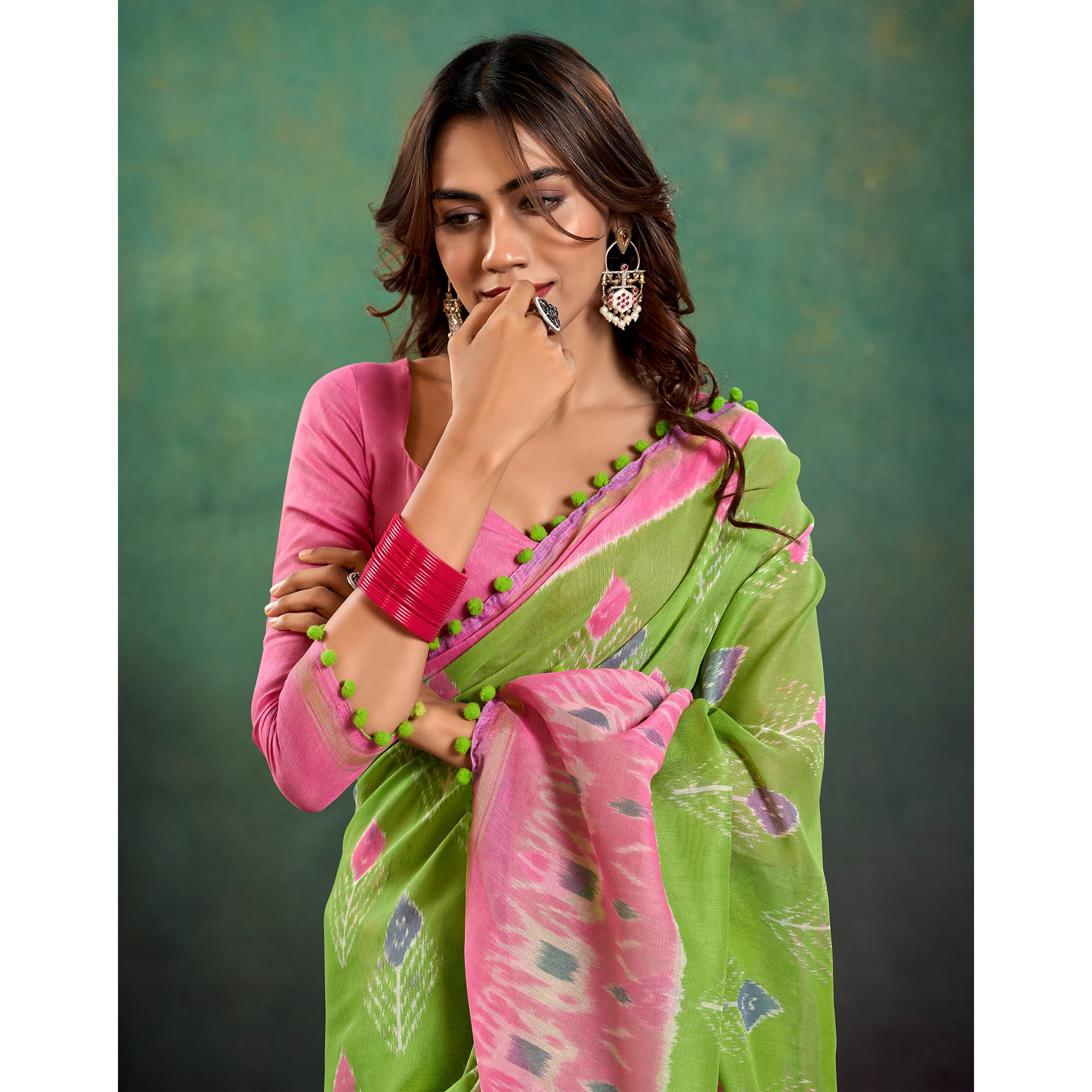 Green Ikkat Printed Mul Mul Cotton Saree