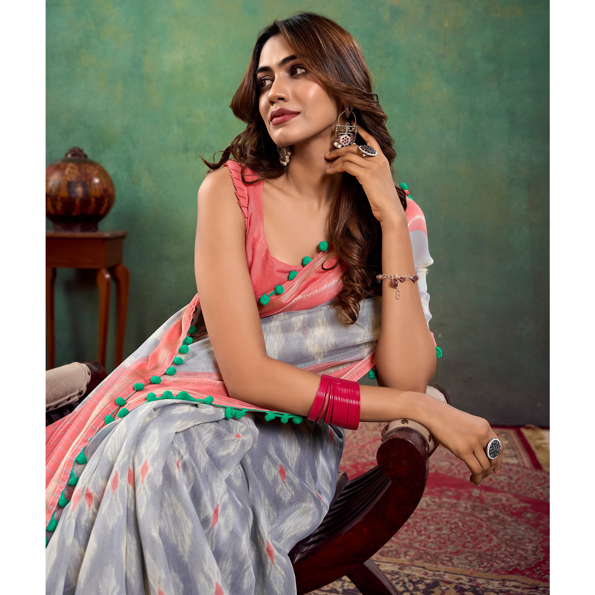 Grey Ikkat Printed Mul Mul Cotton Saree