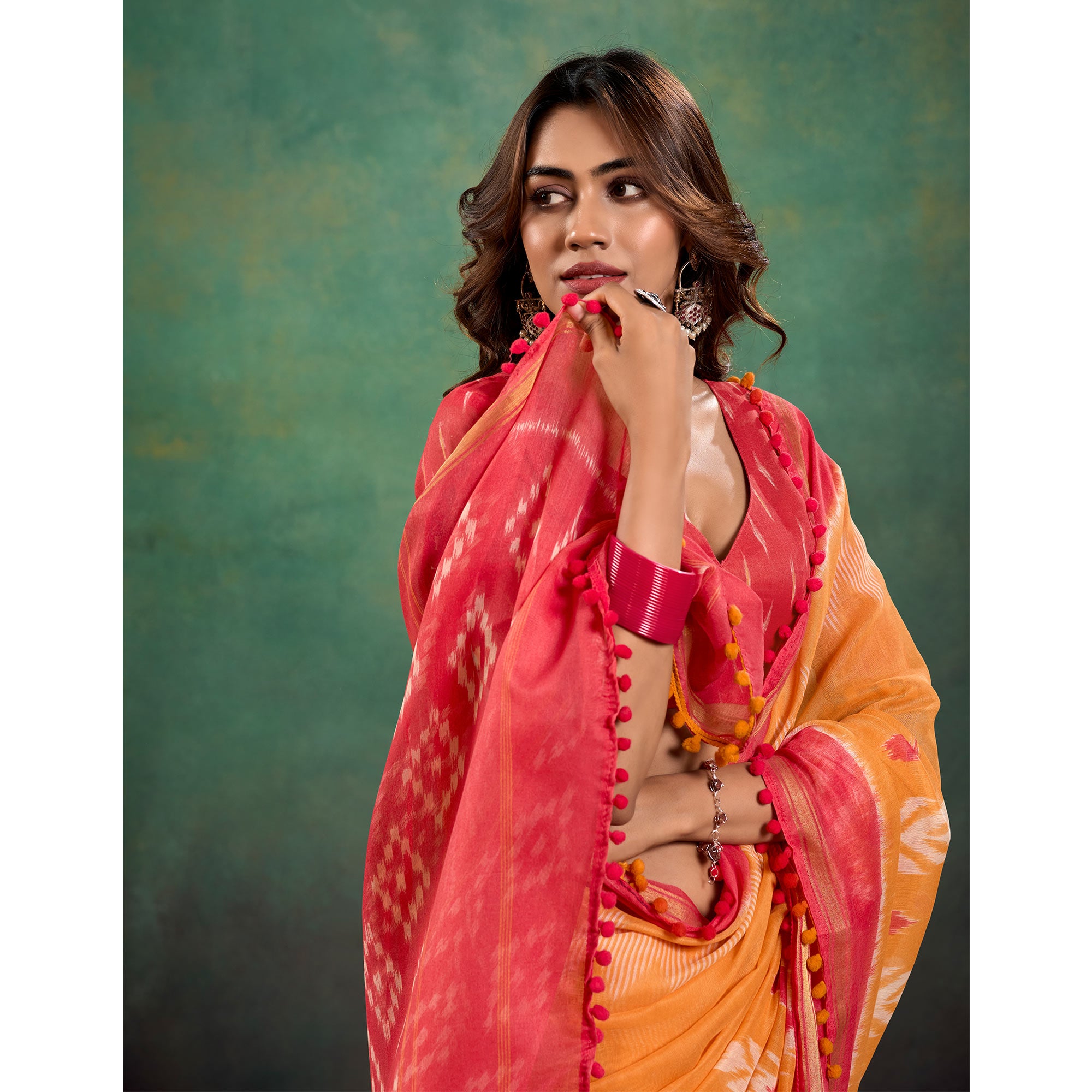 Orange Ikkat Printed Mul Mul Cotton Saree
