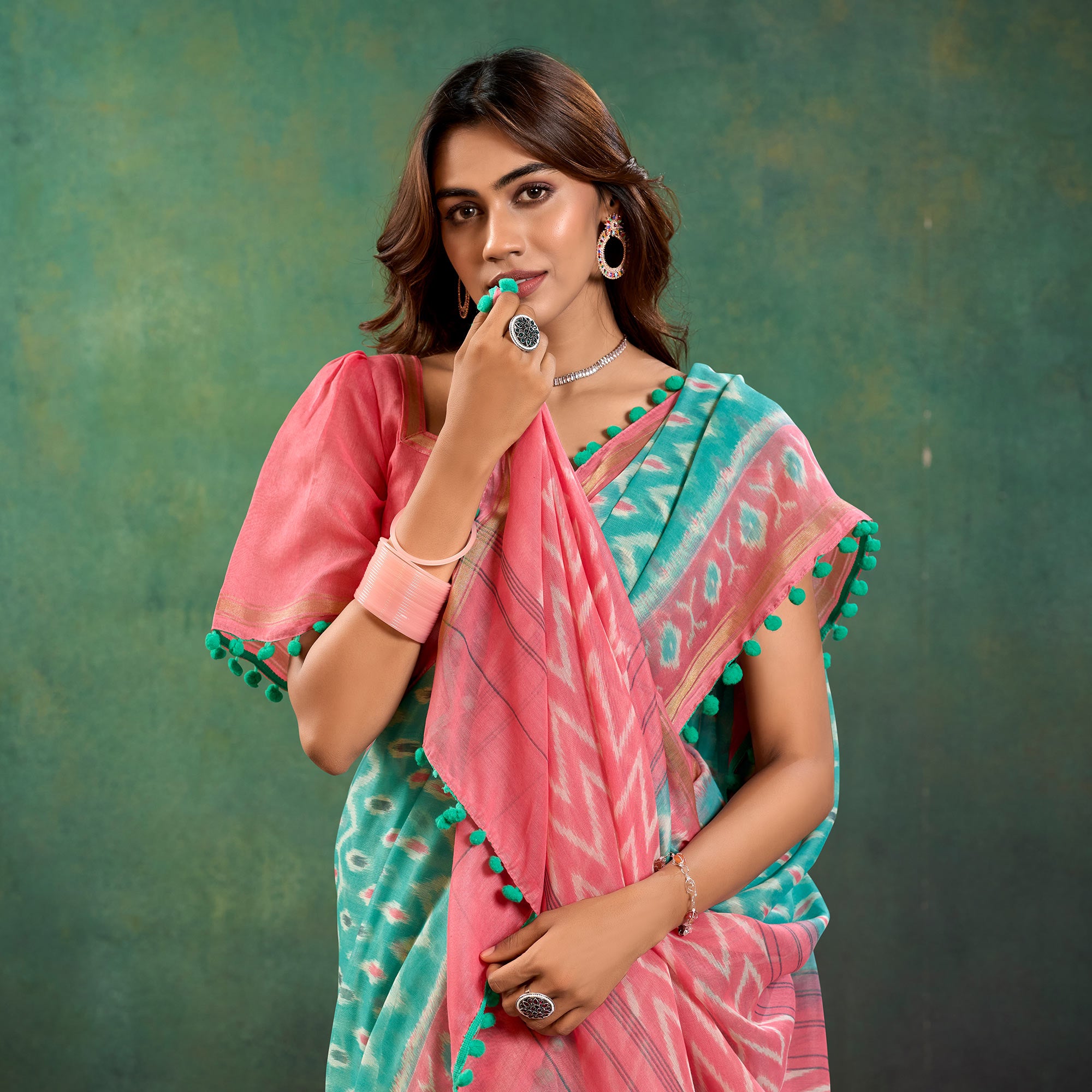 Turquoise Ikkat Printed Mul Mul Cotton Saree