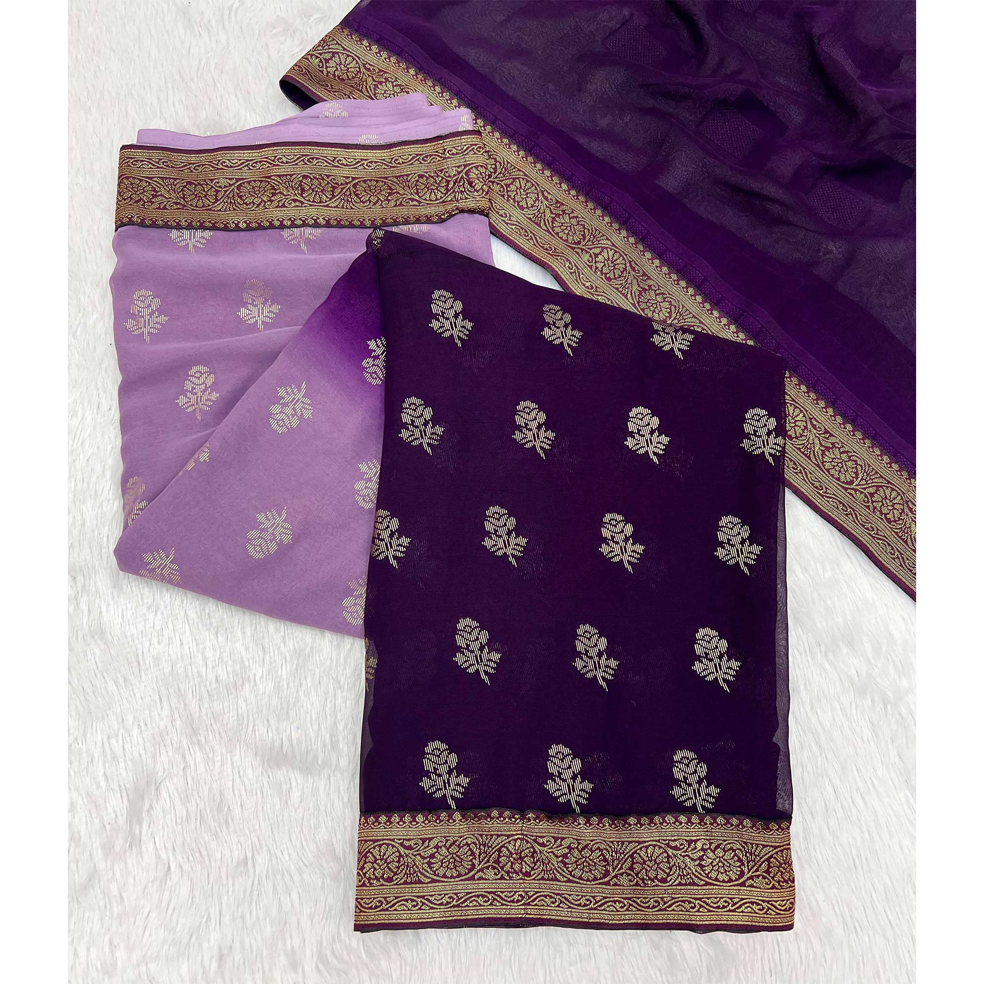 Purple & Lavender Floral Foil Printed Georgette Saree Woven Saree