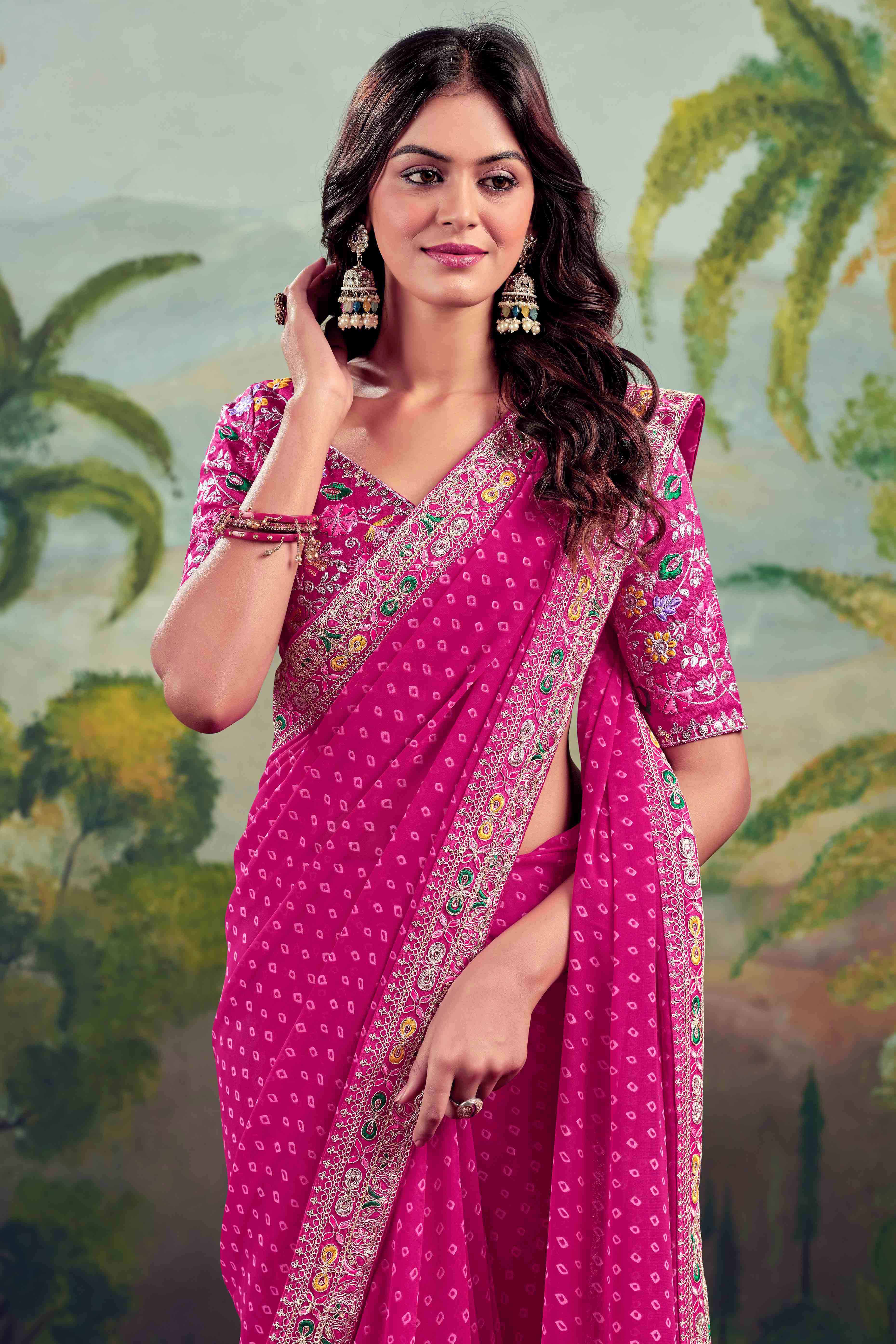 Pink Bandhani Printed Georgette Saree With Embroidered Border
