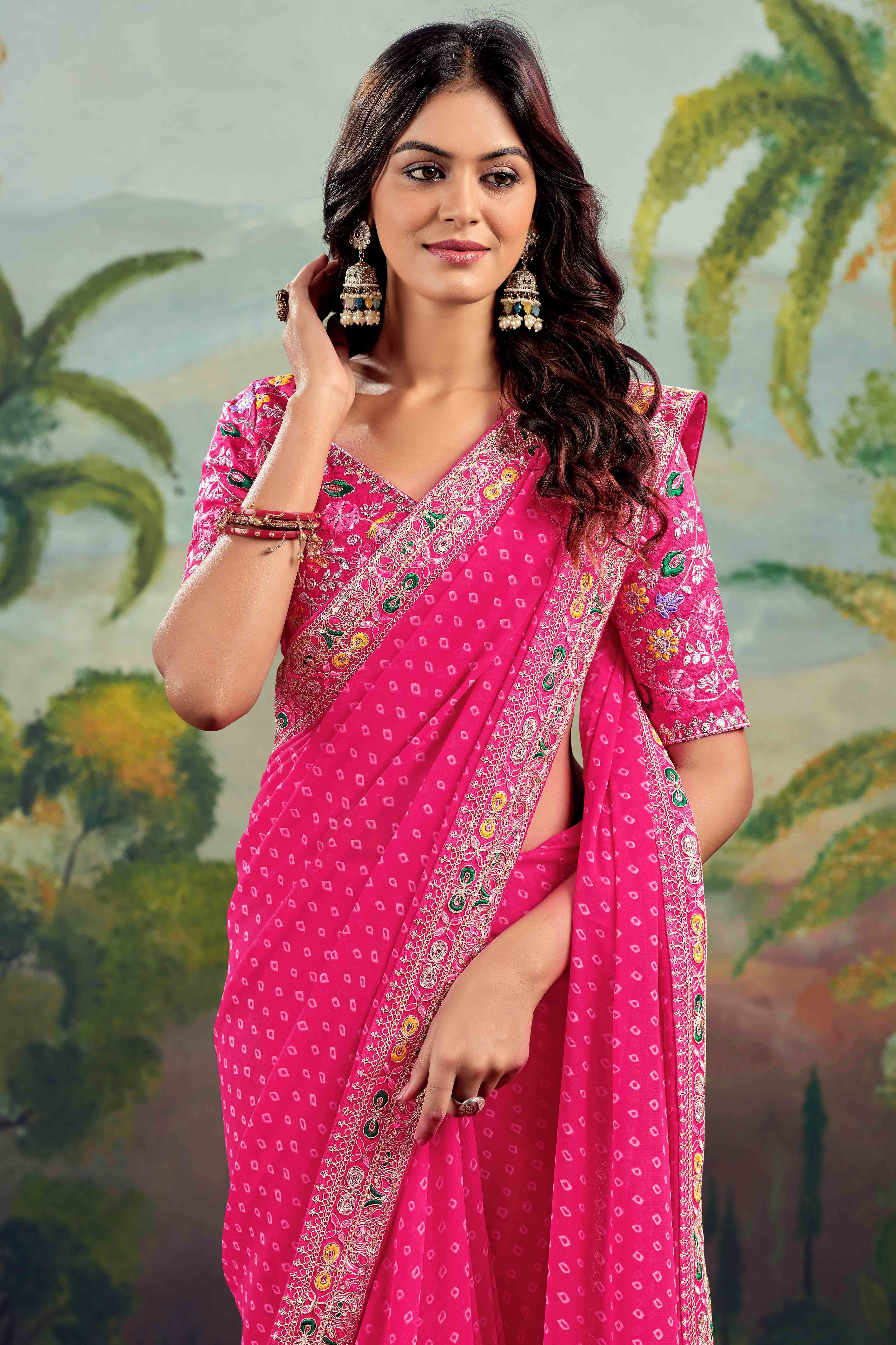 Gajri Pink Bandhani Printed Georgette Saree With Embroidered Border