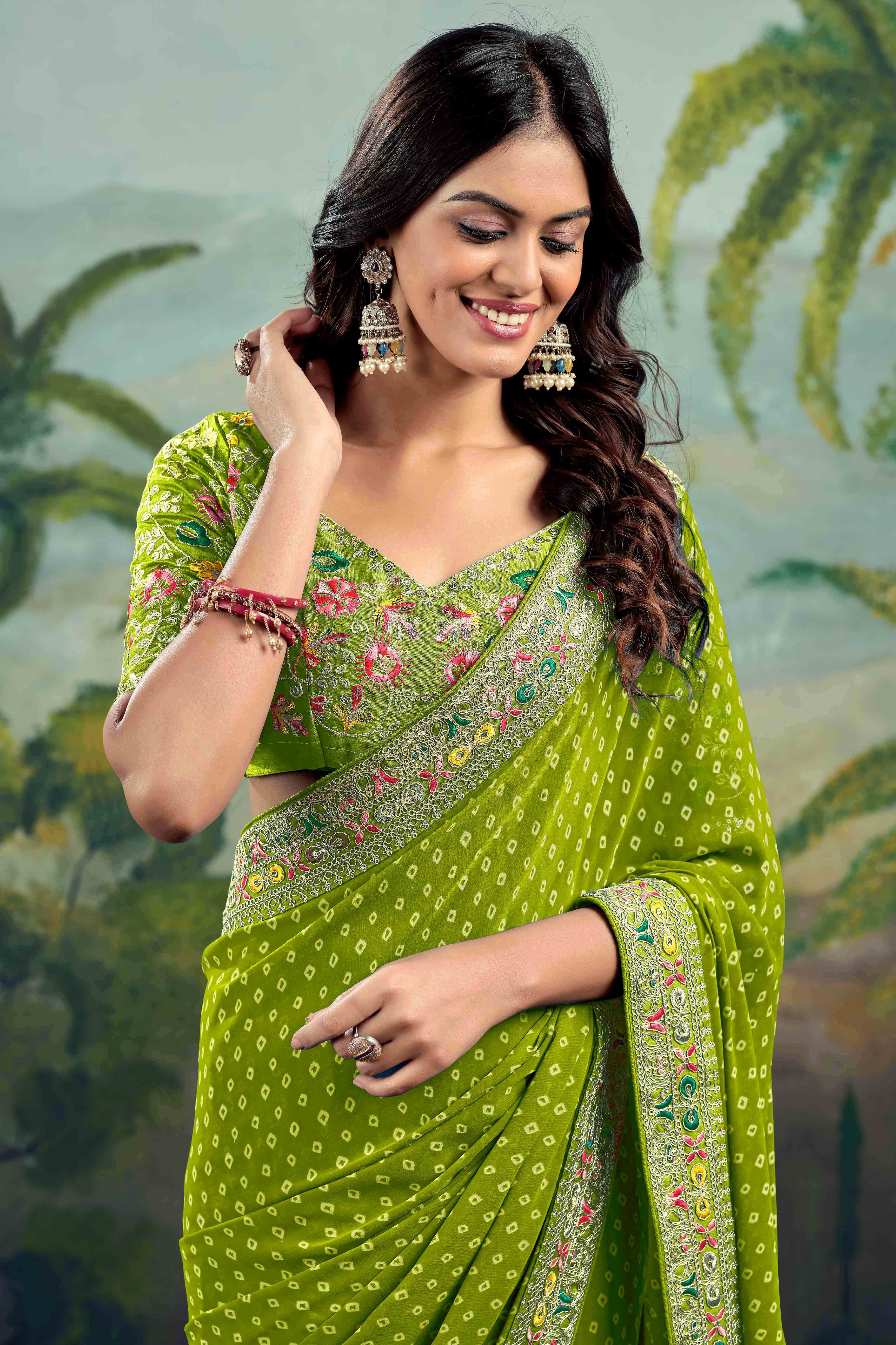 Green Bandhani Printed Georgette Saree With Embroidered Border