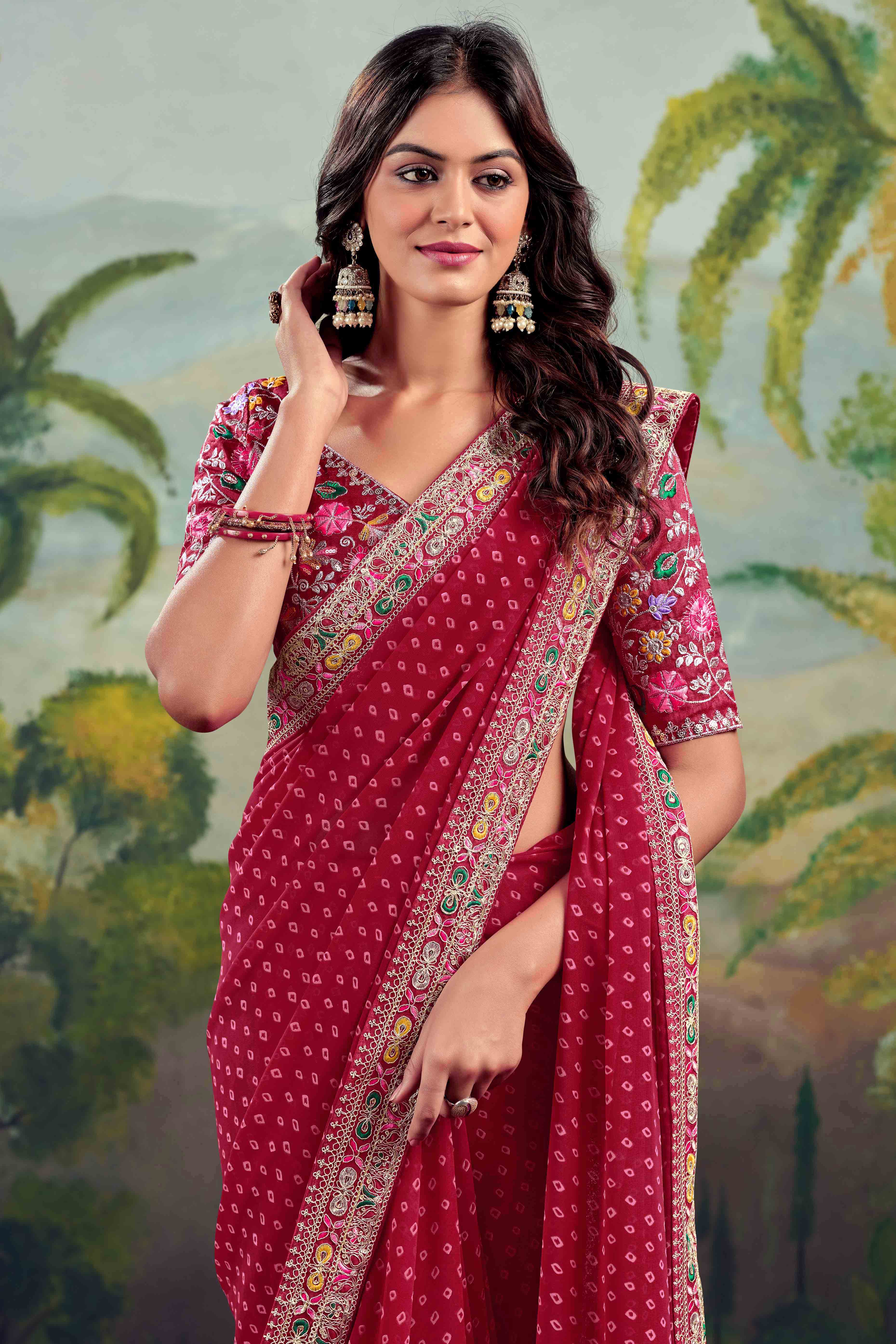 Maroon Bandhani Printed Georgette Saree With Embroidered Border