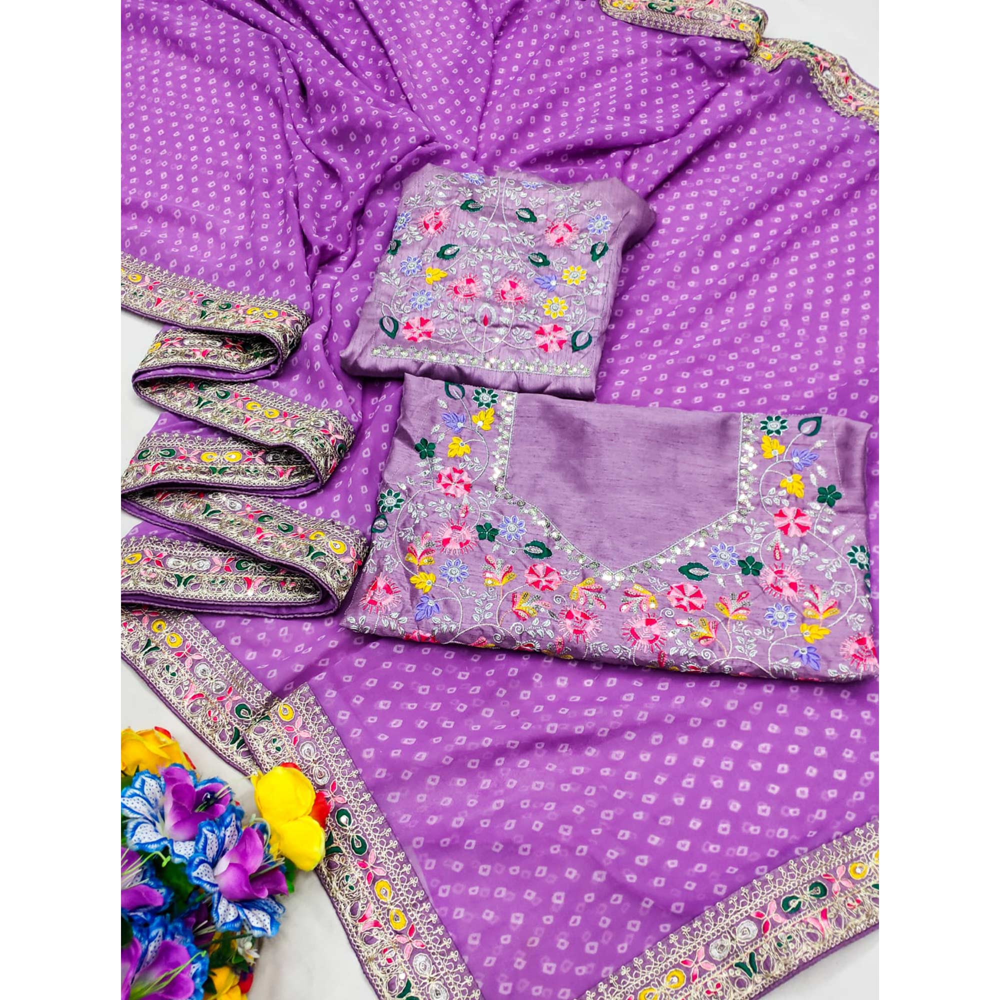 Purple Bandhani Printed Georgette Saree With Embroidered Border