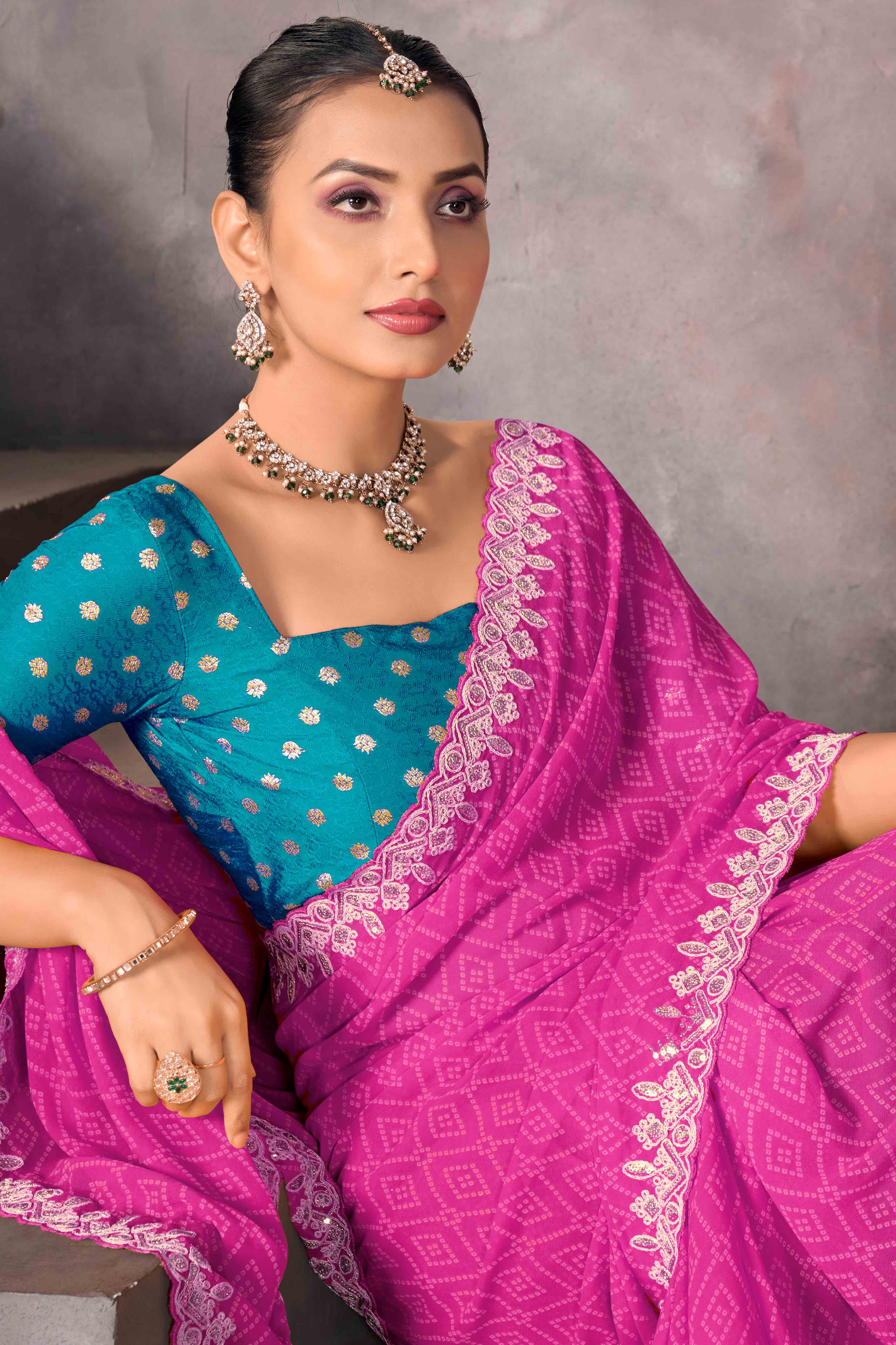 Modern Pink Georgette Saree with Timeless Bandhani Prints